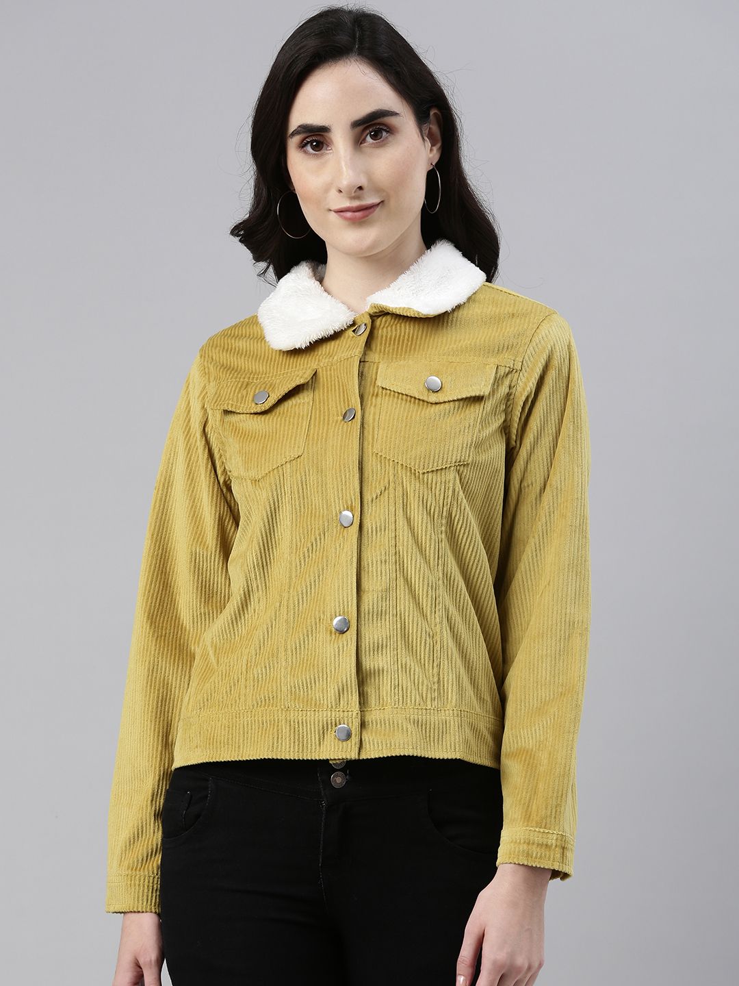 Campus Sutra Women Yellow Corduroy Outdoor Tailored Jacket Price in India