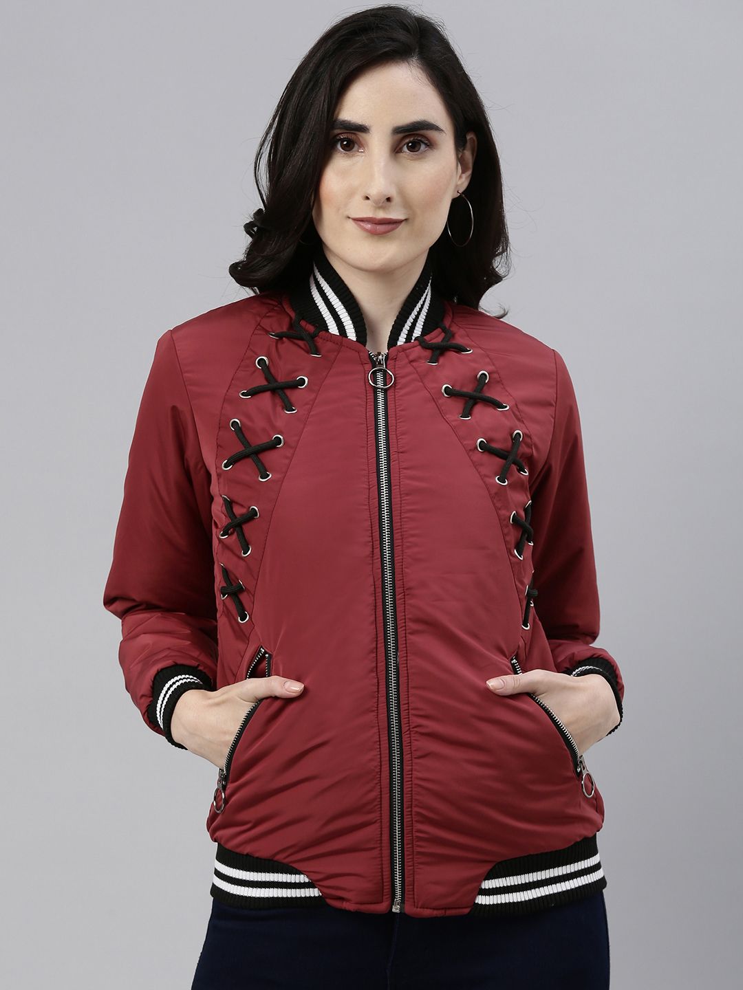 Campus Sutra Women Maroon Outdoor Bomber Jacket Price in India
