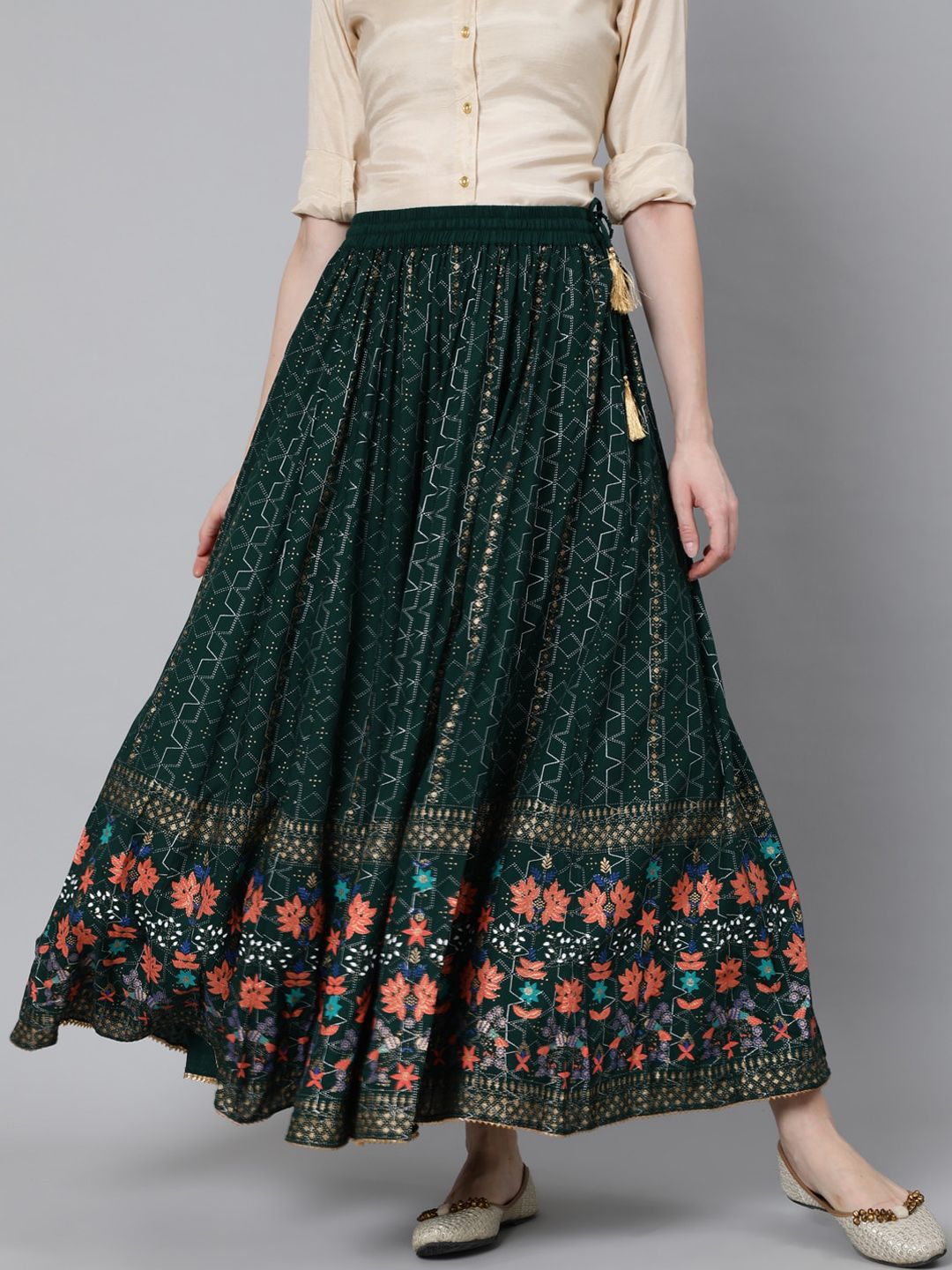 Jaipur Kurti Women Green & Peach-Coloured Floral Khadi Printed Flared Maxi Skirt Price in India