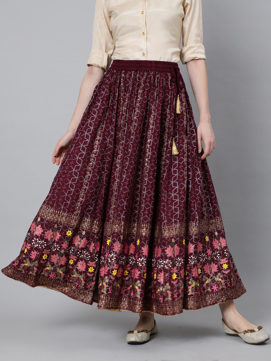 Jaipur Kurti Burgundy & Pink Printed Maxi Flared Maxi Skirt