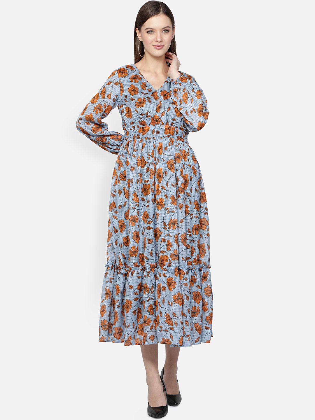 DESI WOMANIYA Blue & Mustard Floral Crepe Midi Dress Price in India
