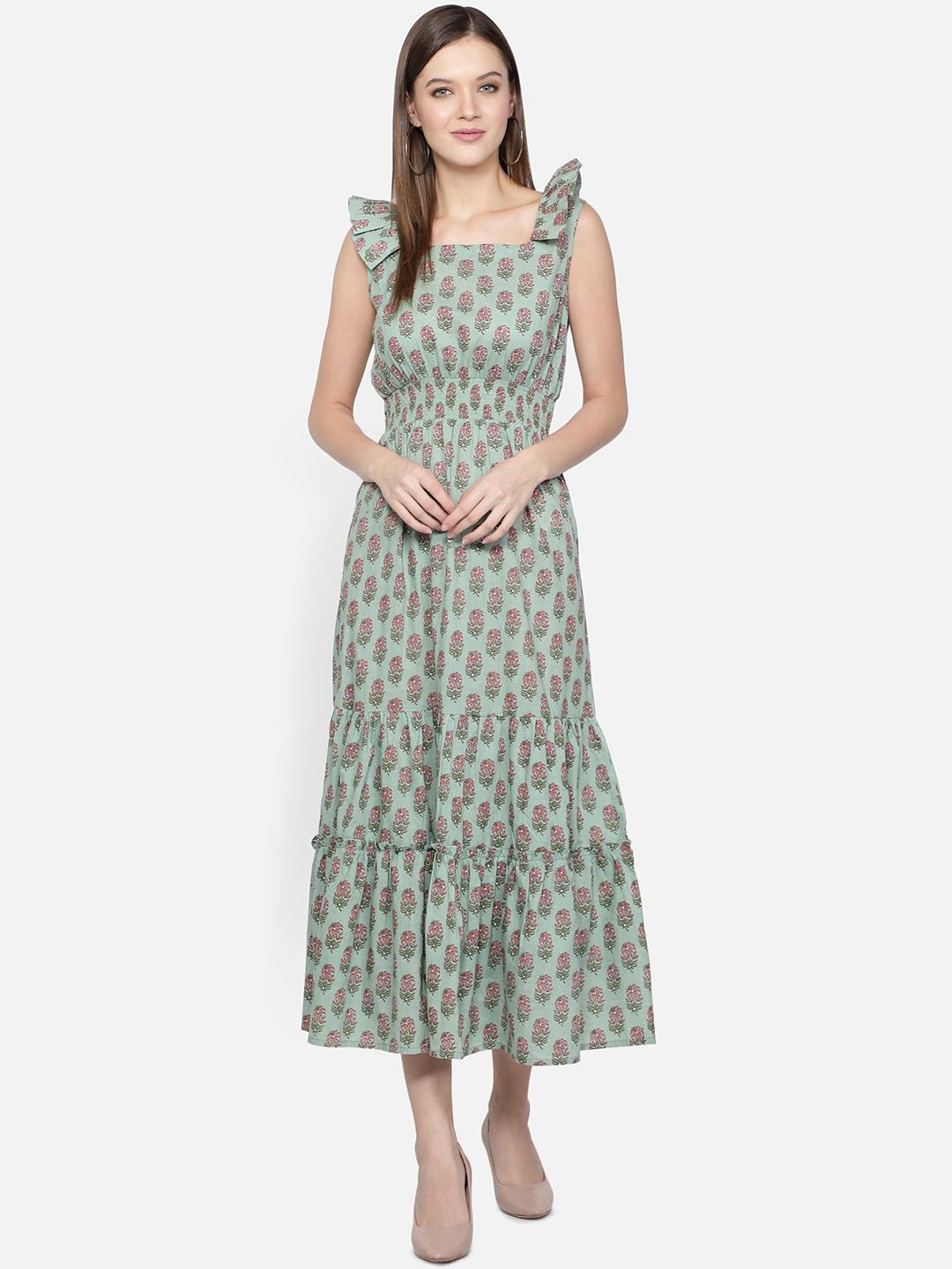 DESI WOMANIYA Green Ethnic Motifs Midi Dress Price in India