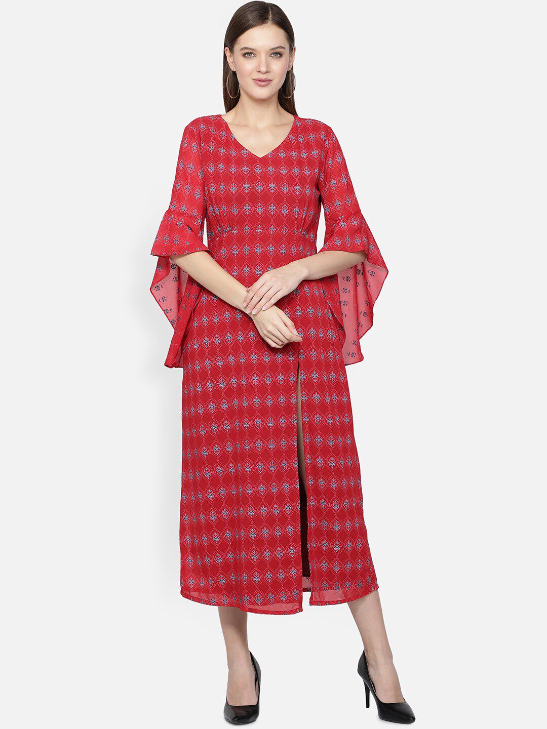 DESI WOMANIYA Red Printed Georgette A-Line Midi Dress Price in India