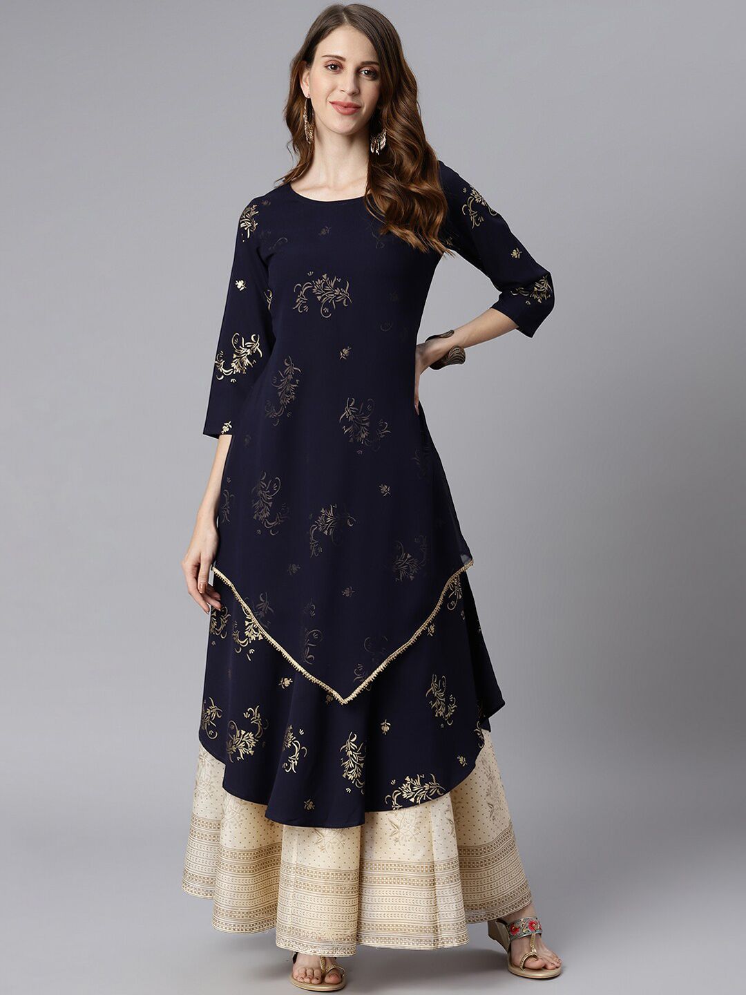 Janasya Women Navy Blue Quirky Embellished Crepe Anarkali Kurta Price in India