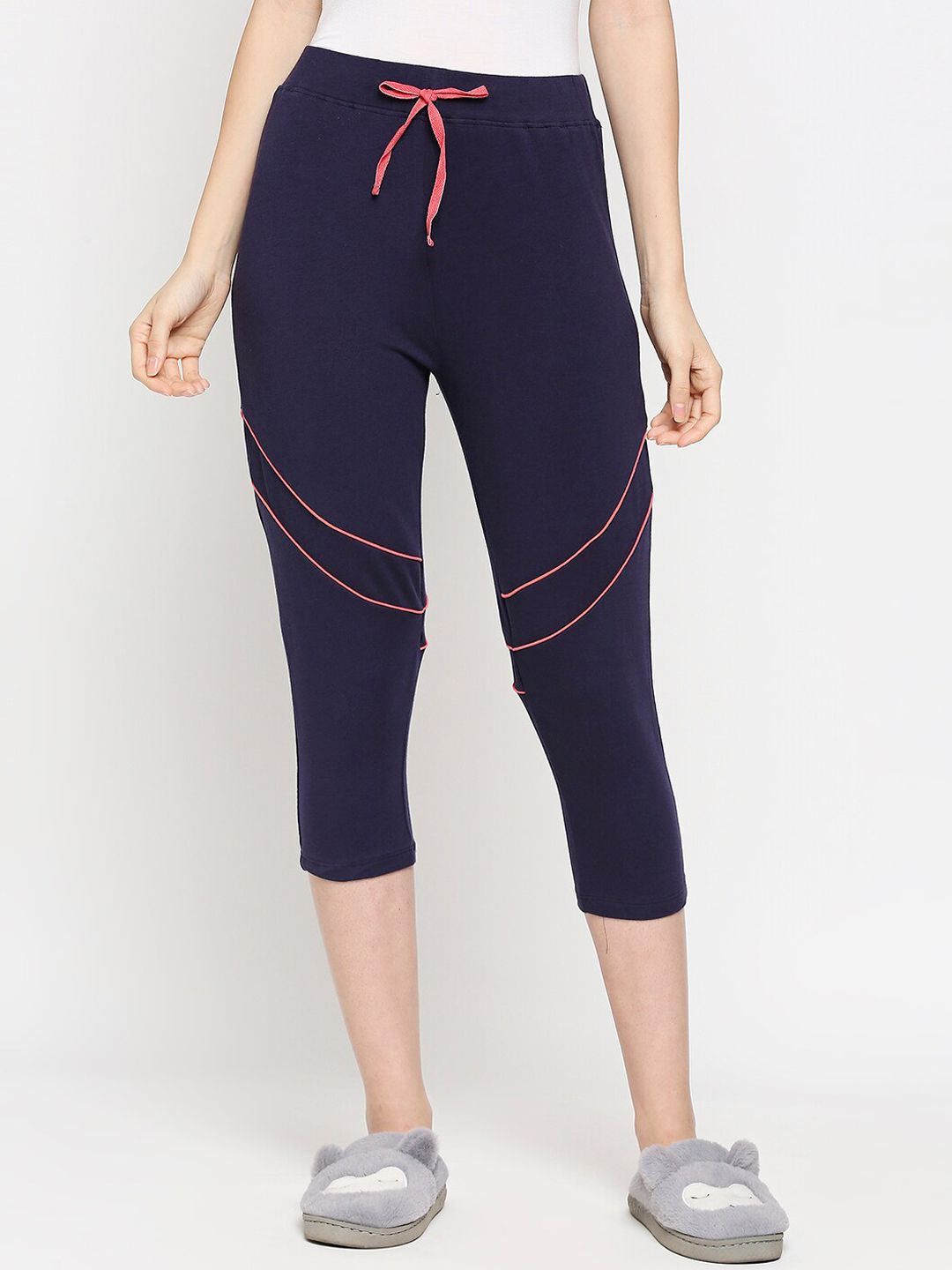 XIN Women Navy Blue Solid Cotton Lounge Capris Price in India