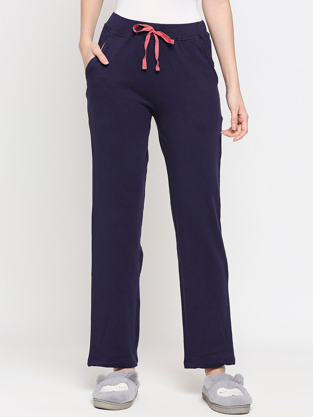 XIN Women Navy Blue Solid Cotton Lounge Pants Price in India