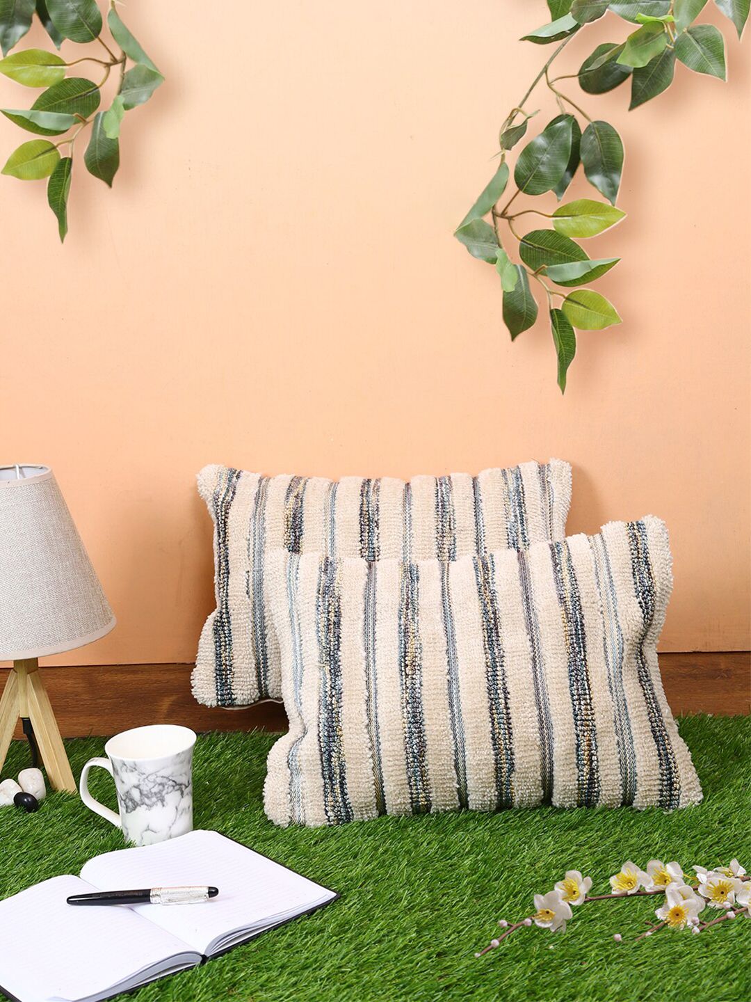 ROMEE Cream-Coloured & Blue Set of 2 Striped Rectangle Cushion Covers Price in India