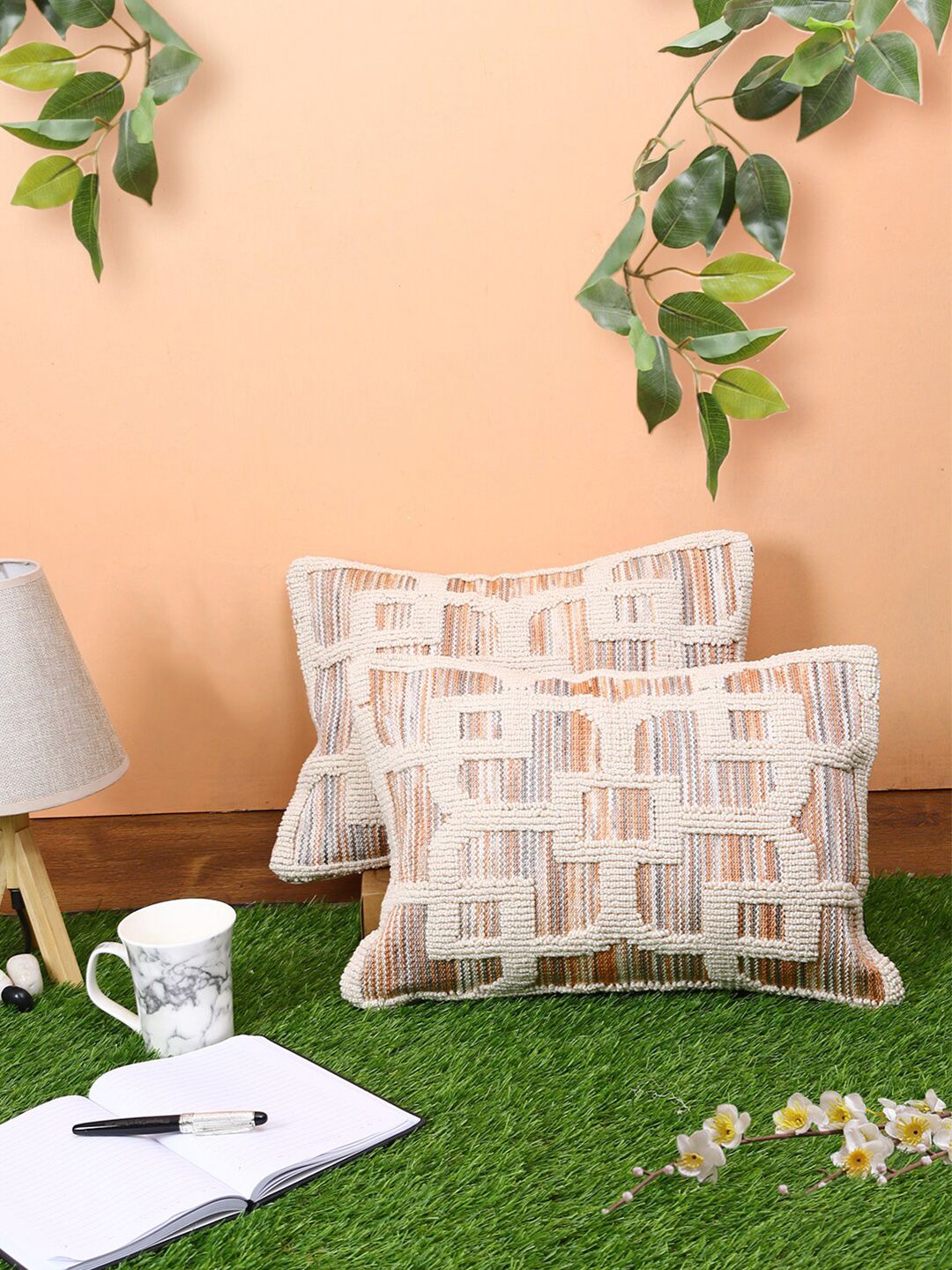 ROMEE Set Of 2 Cream-Coloured & Orange Rectangle Cushion Covers Price in India