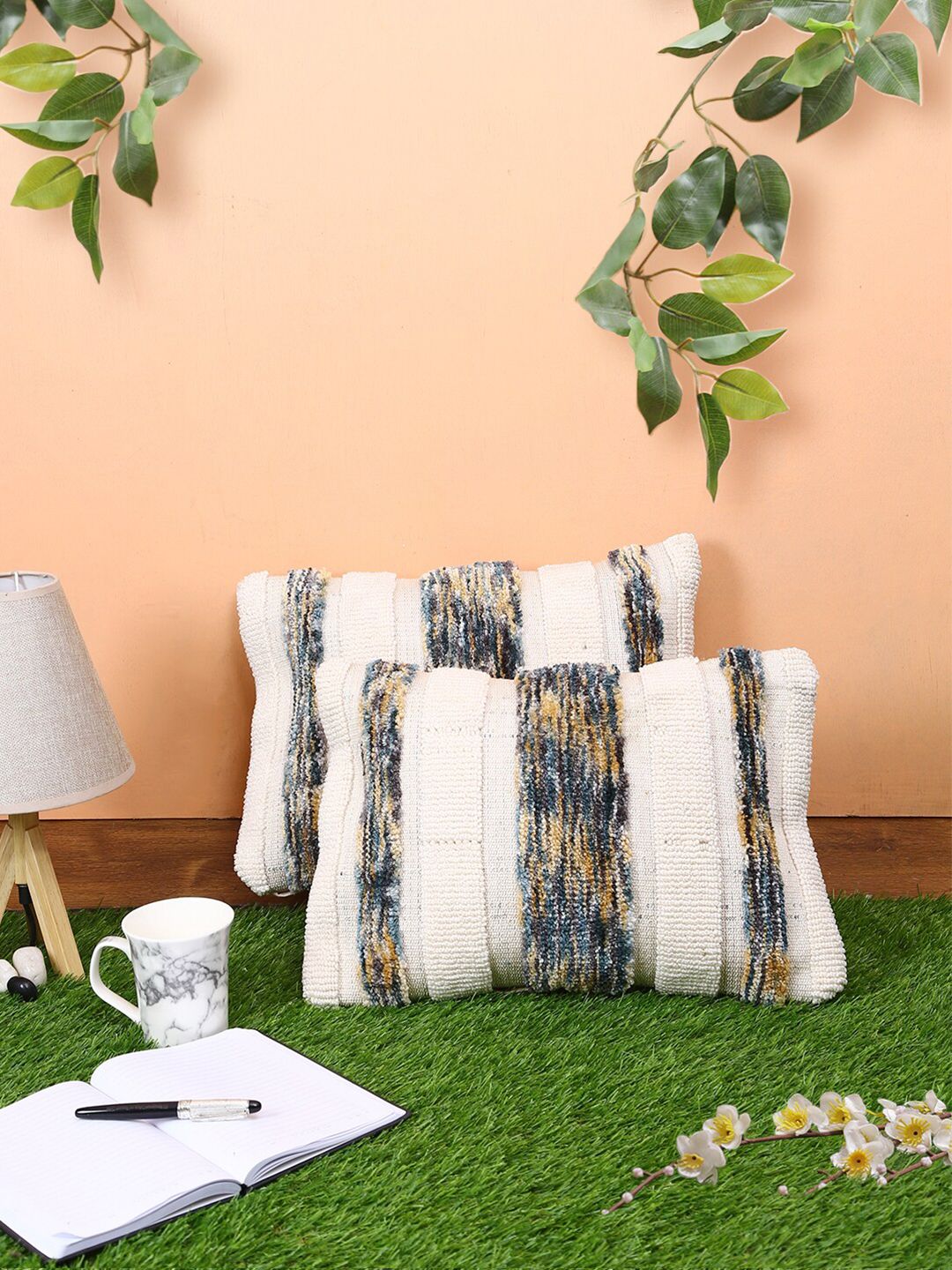 ROMEE Cream-Coloured & Blue Set of 2 Striped Rectangle Cushion Covers Price in India