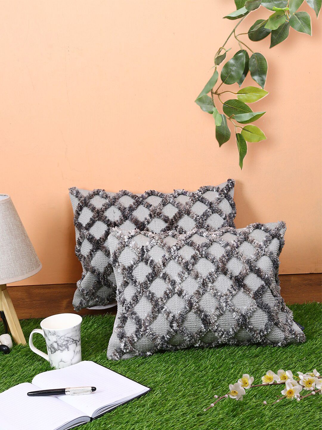 ROMEE Grey Set of 2 Embroidered Rectangle Cushion Covers Price in India