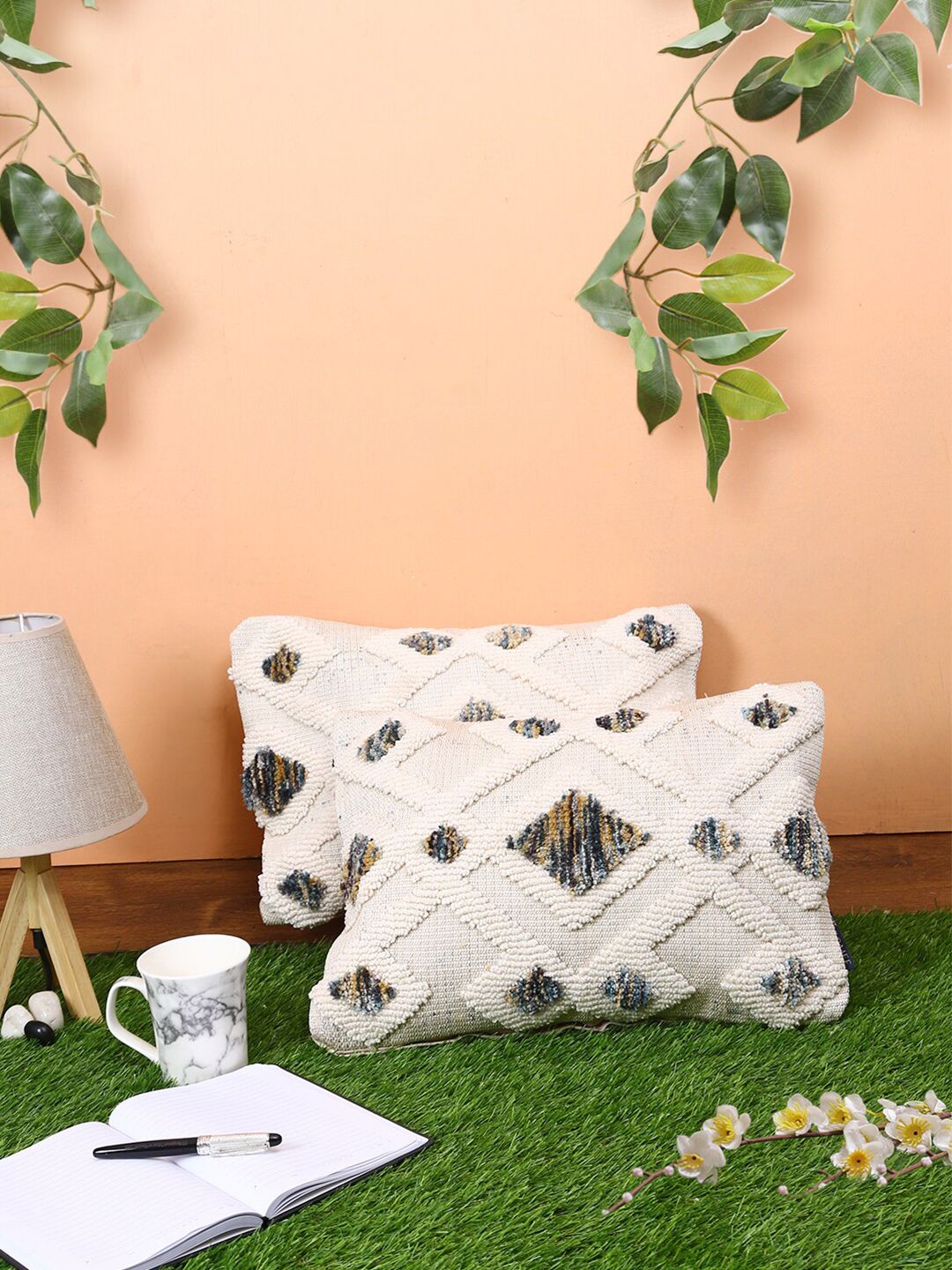 ROMEE Cream-Coloured & Blue Set of 2 Geometric Rectangle Cushion Covers Price in India