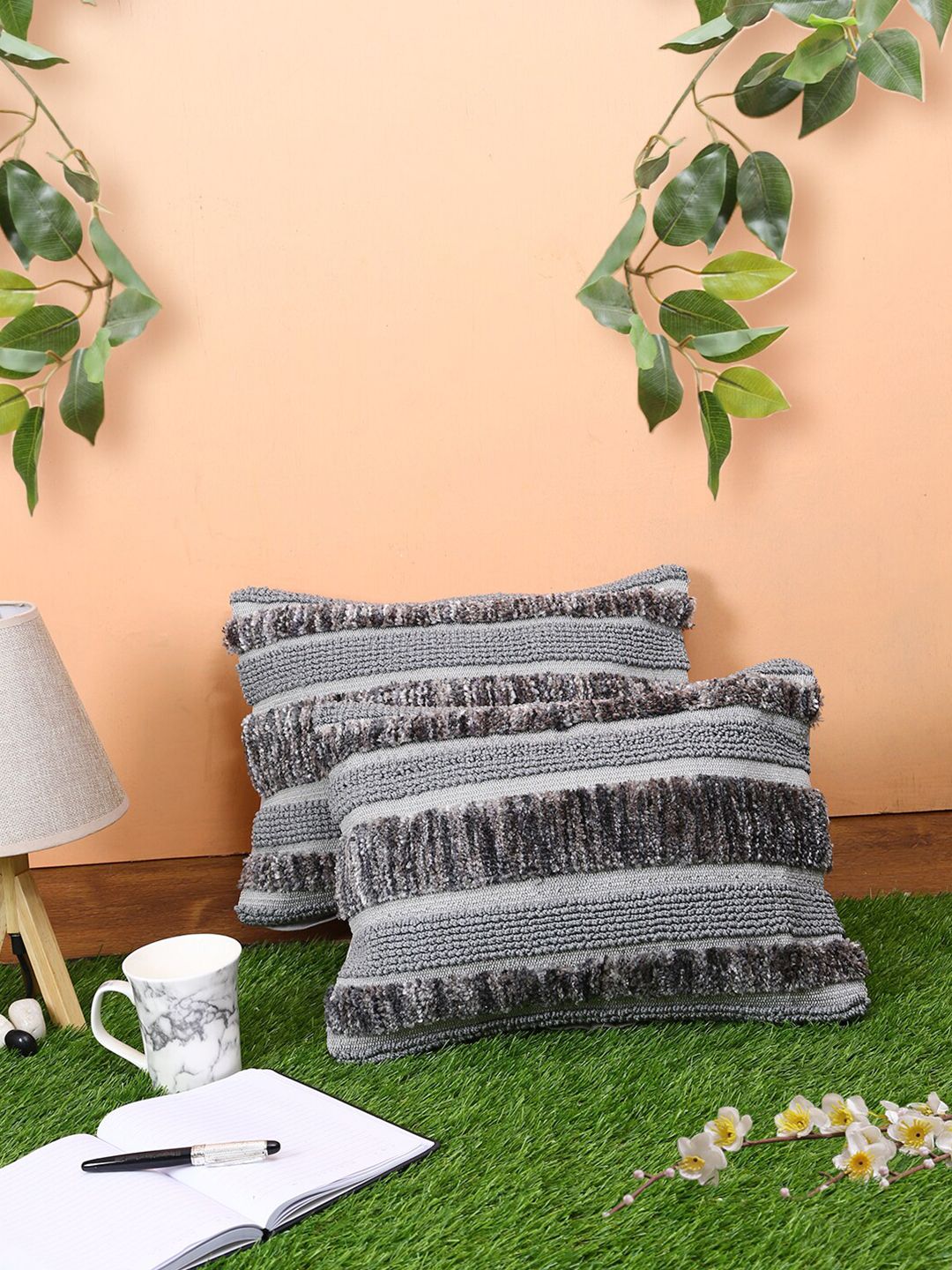 ROMEE Grey Set of 2 Rectangle Cushion Covers Price in India