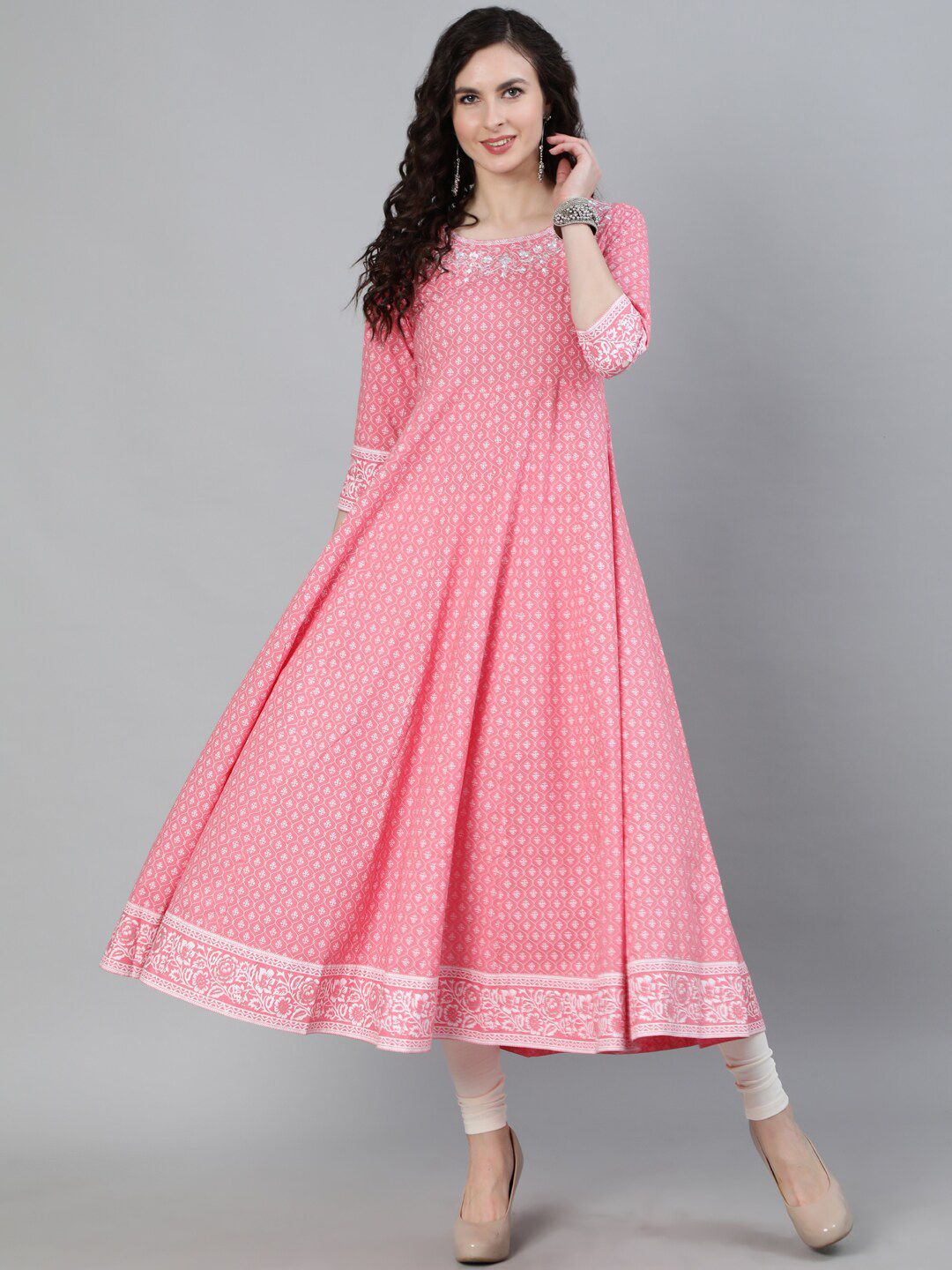 Jaipur Kurti Women Pink & White Printed Handloom Anarkali Kurta Price in India
