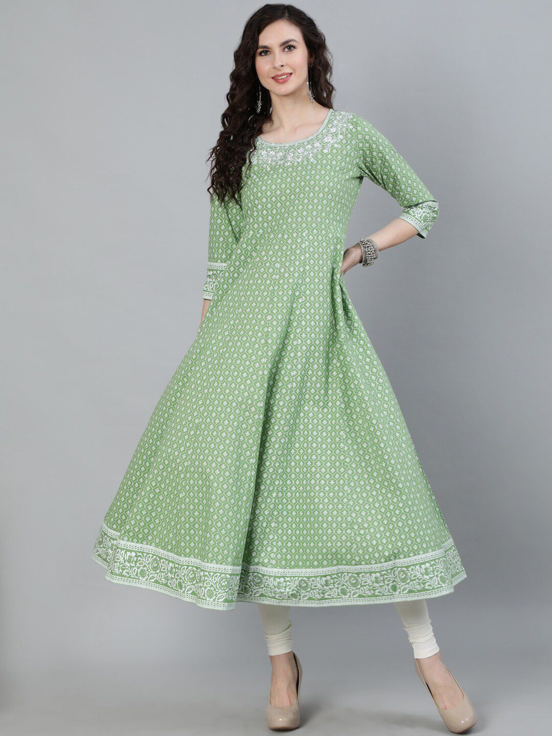 Jaipur Kurti Women Green & White Ethnic Motifs Printed Thread Work Handloom Anarkali Kurta Price in India