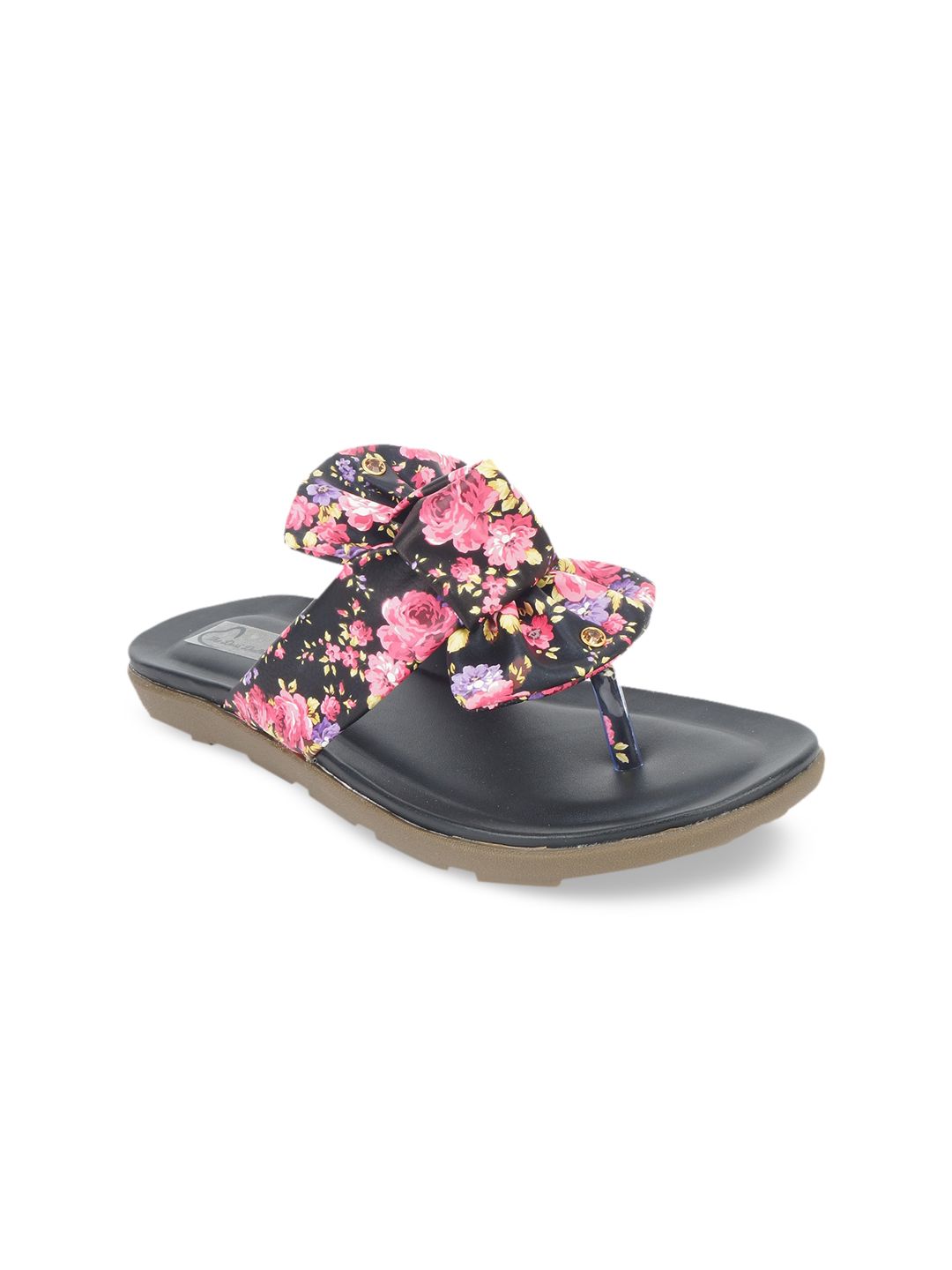 The Desi Dulhan Women Black and Pink Floral Printed Open Toe Flats