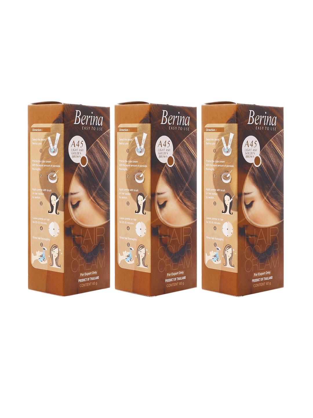 Berina Pack Of 3 A45 Light Ash Golden Brown Hair Color Cream - 60gm Price in India