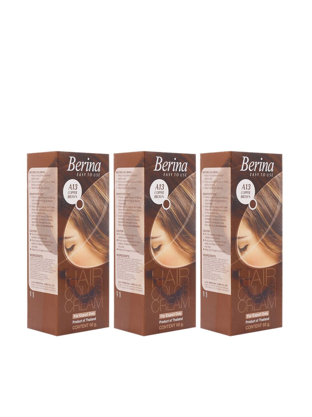 Berina Pack of 3 A13 Copper Brown Hair Color Cream - 60gm Each Price in India