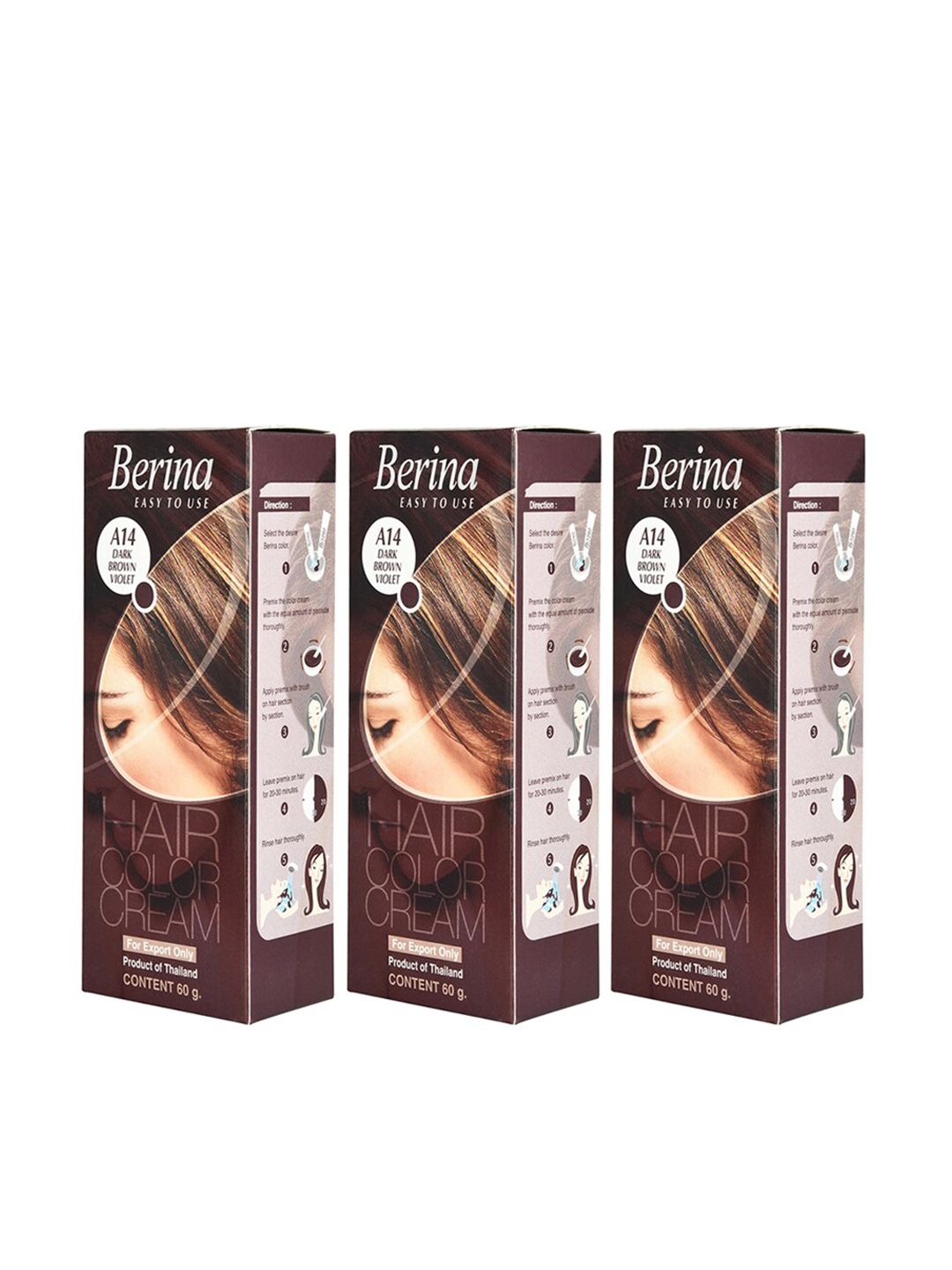 Berina Pack of 3 A14 Dark Brown Violet Hair Color Cream - 60gm Each Price in India