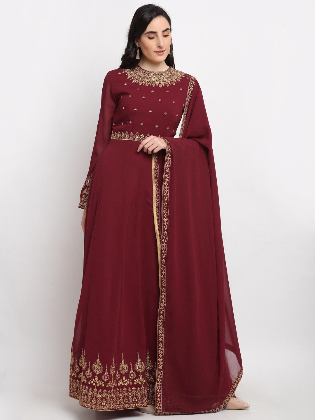 Stylee LIFESTYLE Maroon & Gold-Toned Embroidered Semi-Stitched Dress Material Price in India