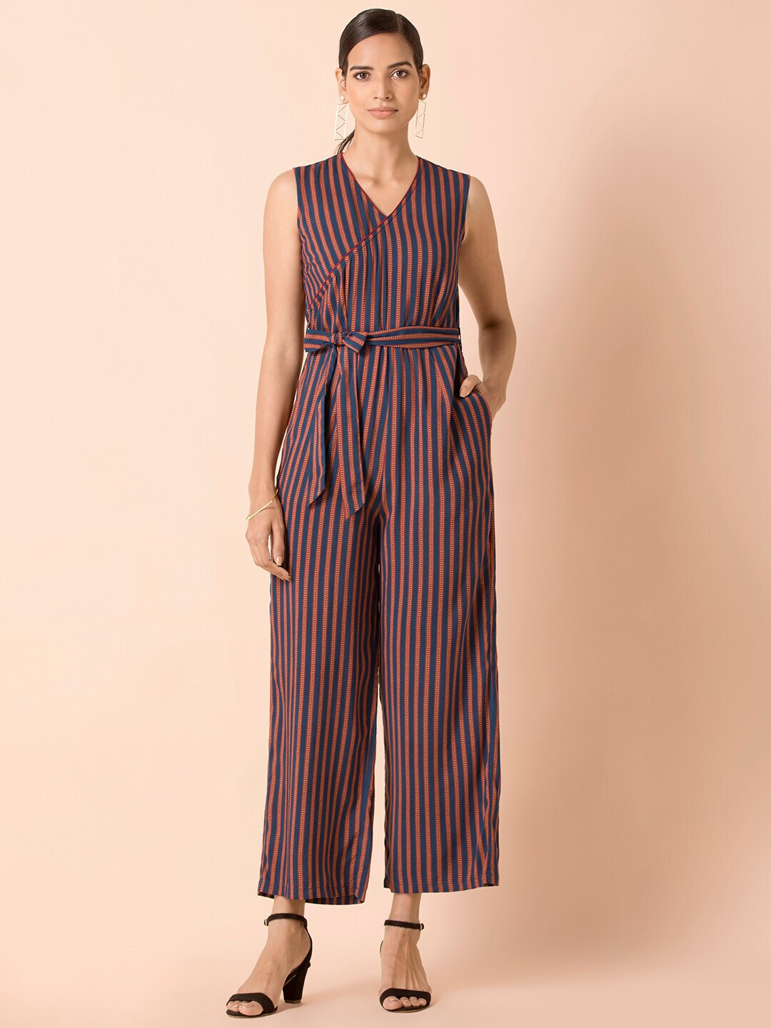 INDYA Maroon & Navy Blue Striped Basic Jumpsuit with Waist Tie-Ups Price in India