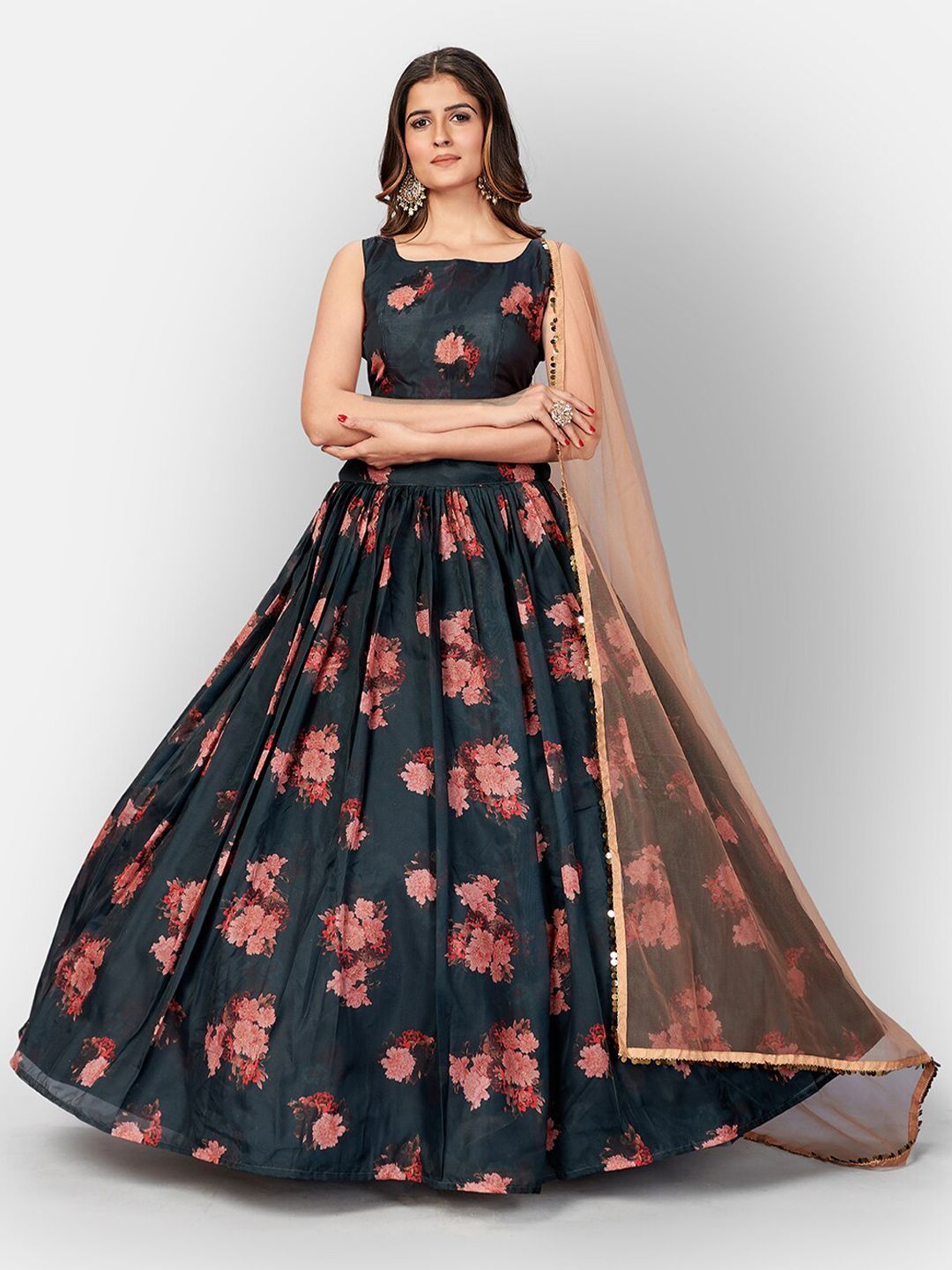 SHOPGARB Blue & Red Printed Semi-Stitched Lehenga & Unstitched Blouse With Dupatta Price in India