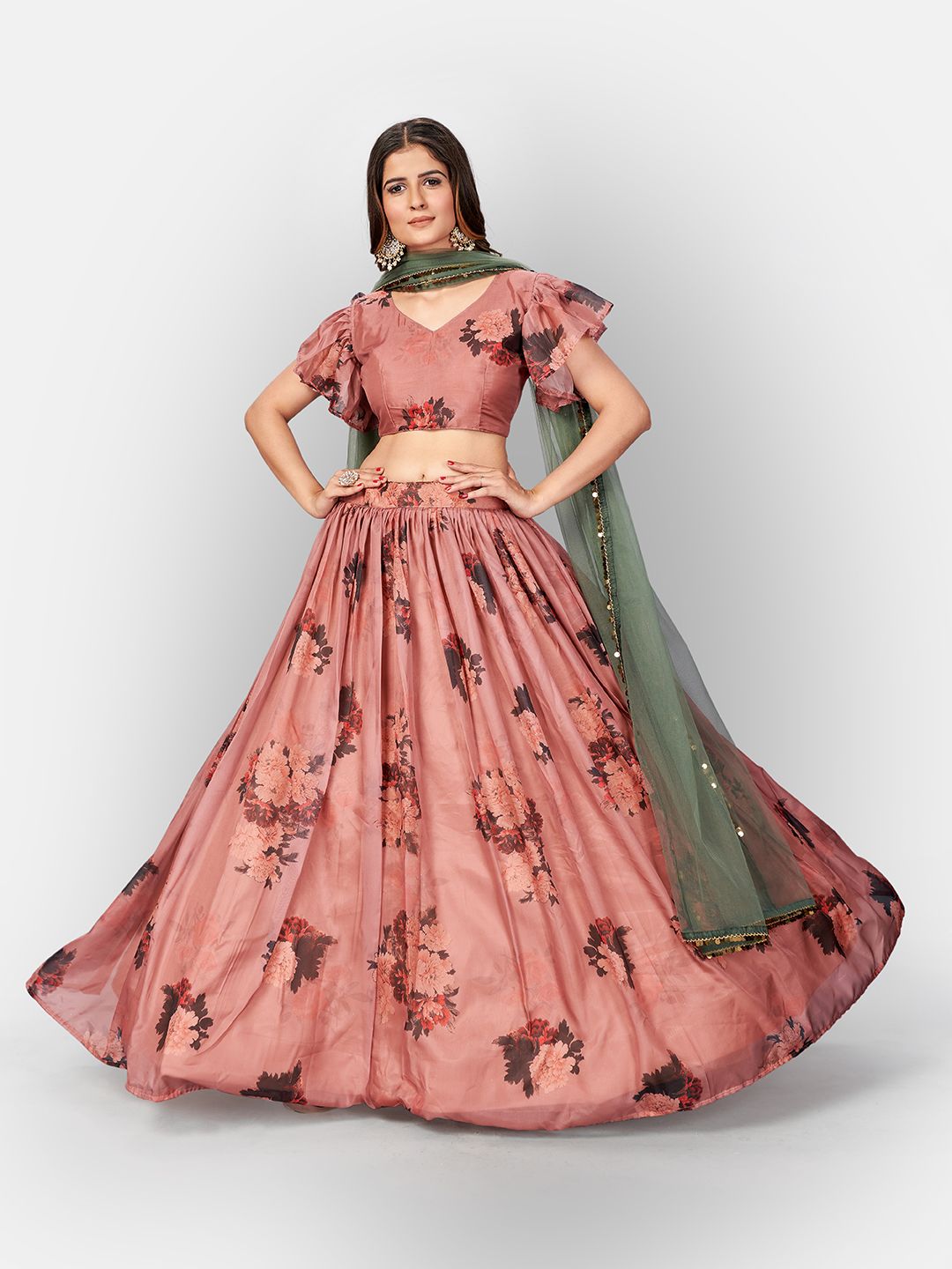 SHOPGARB Peach-Coloured & Black Semi-Stitched Lehenga & Unstitched Blouse with Dupatta Price in India