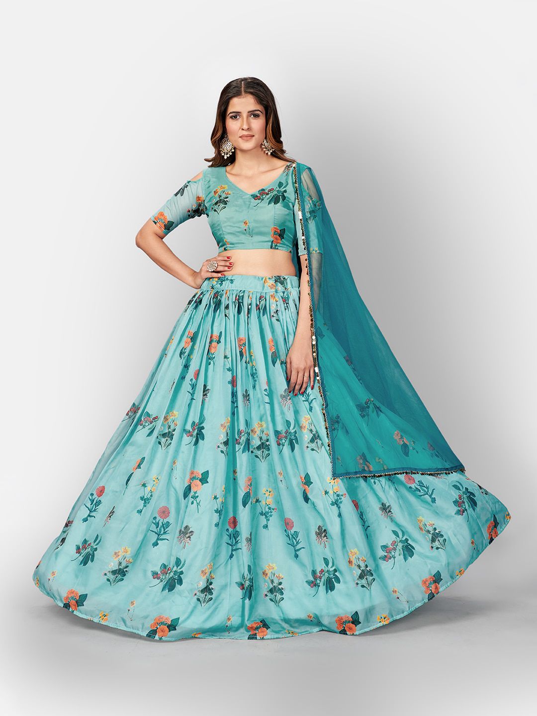 SHOPGARB Blue & Orange Printed Semi-Stitched Lehenga & Unstitched Blouse With Dupatta Price in India