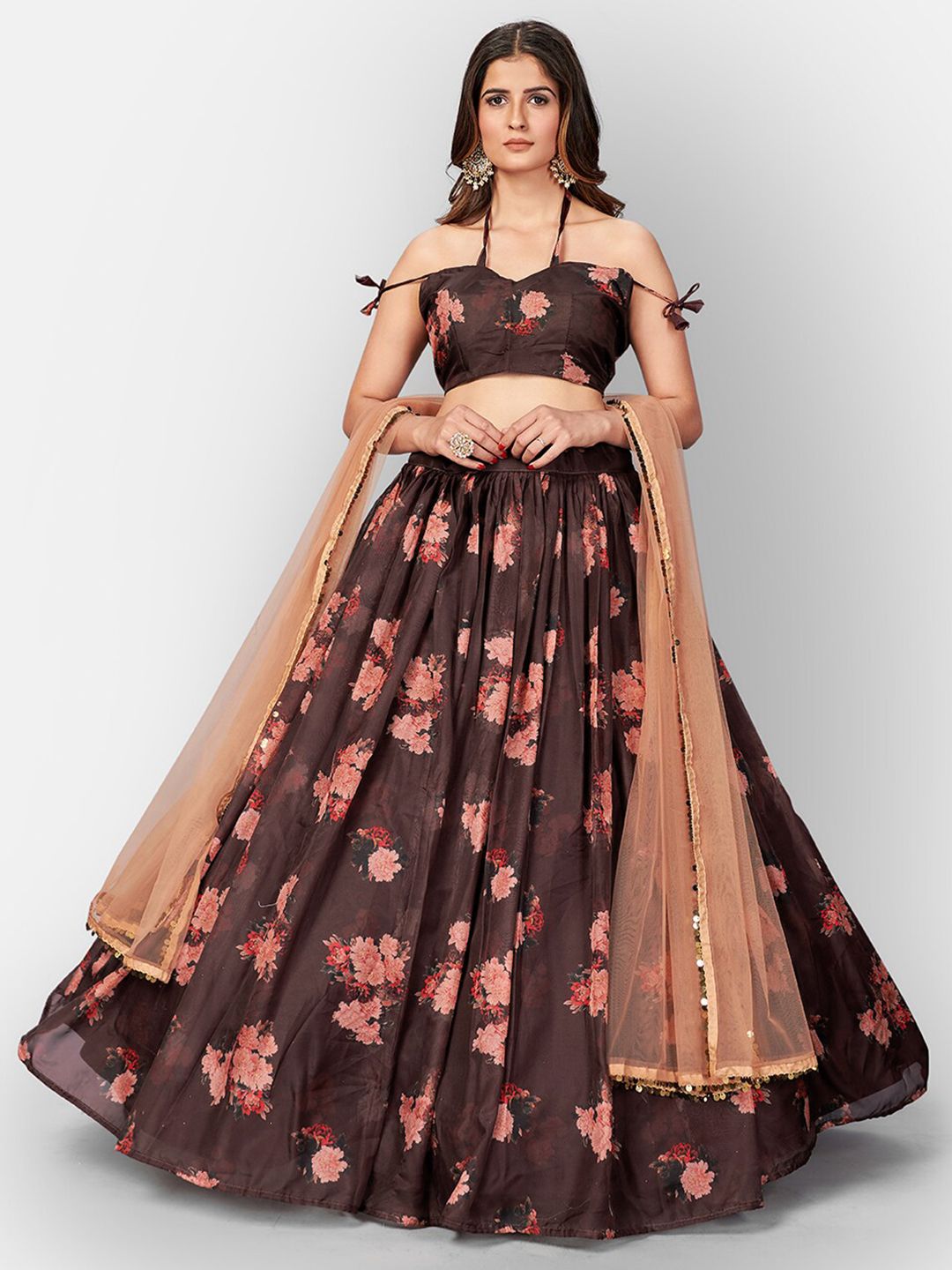 SHOPGARB Brown & Red Printed Semi-Stitched Lehenga & Unstitched Blouse With Dupatta Price in India