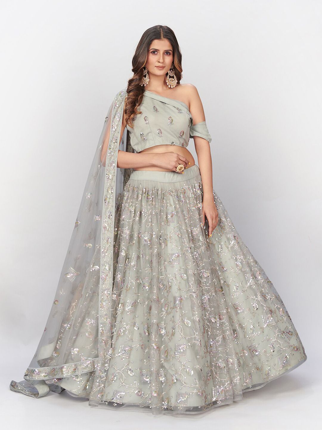 SHOPGARB Grey & Silver-Toned Semi-Stitched Lehenga & Unstitched Blouse with Dupatta Price in India
