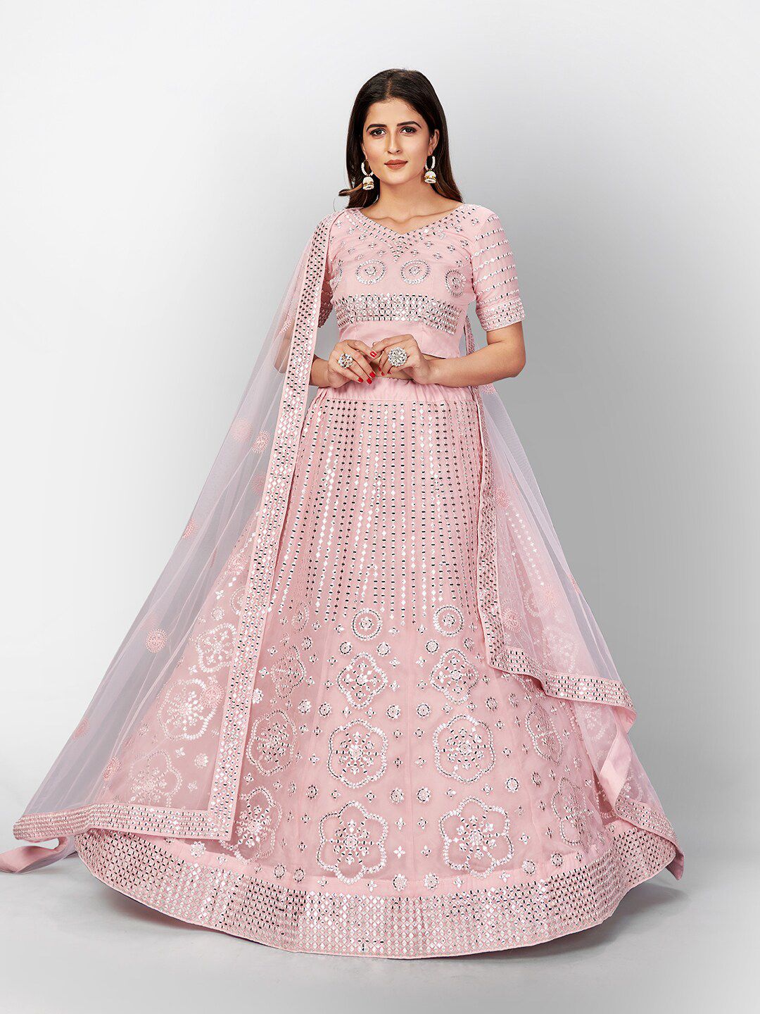 SHOPGARB Pink & Transparent Embellished Mirror Work Semi-Stitched Lehenga & Unstitched Blouse With Dupatta Price in India