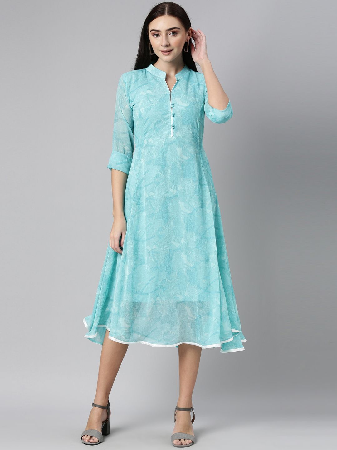 Souchii Women Blue Floral Chiffon A-Line Midi Dress Price in India