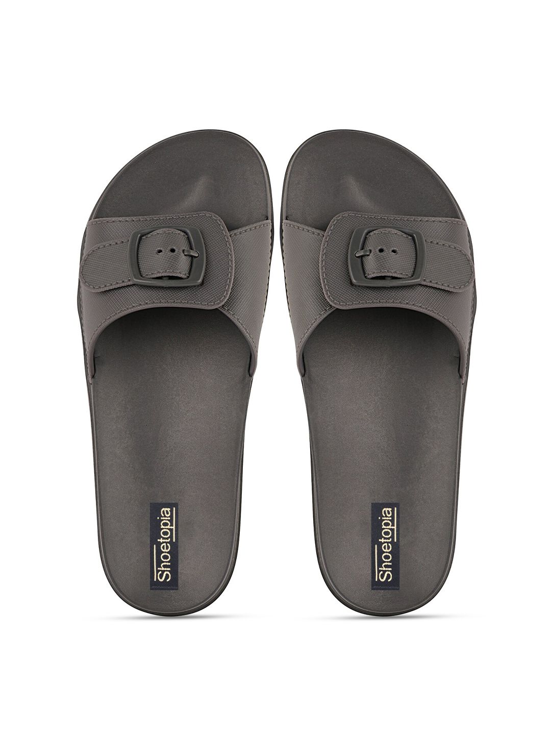 Shoetopia Women Grey Solid Rubber Sliders with Buckles Price in India