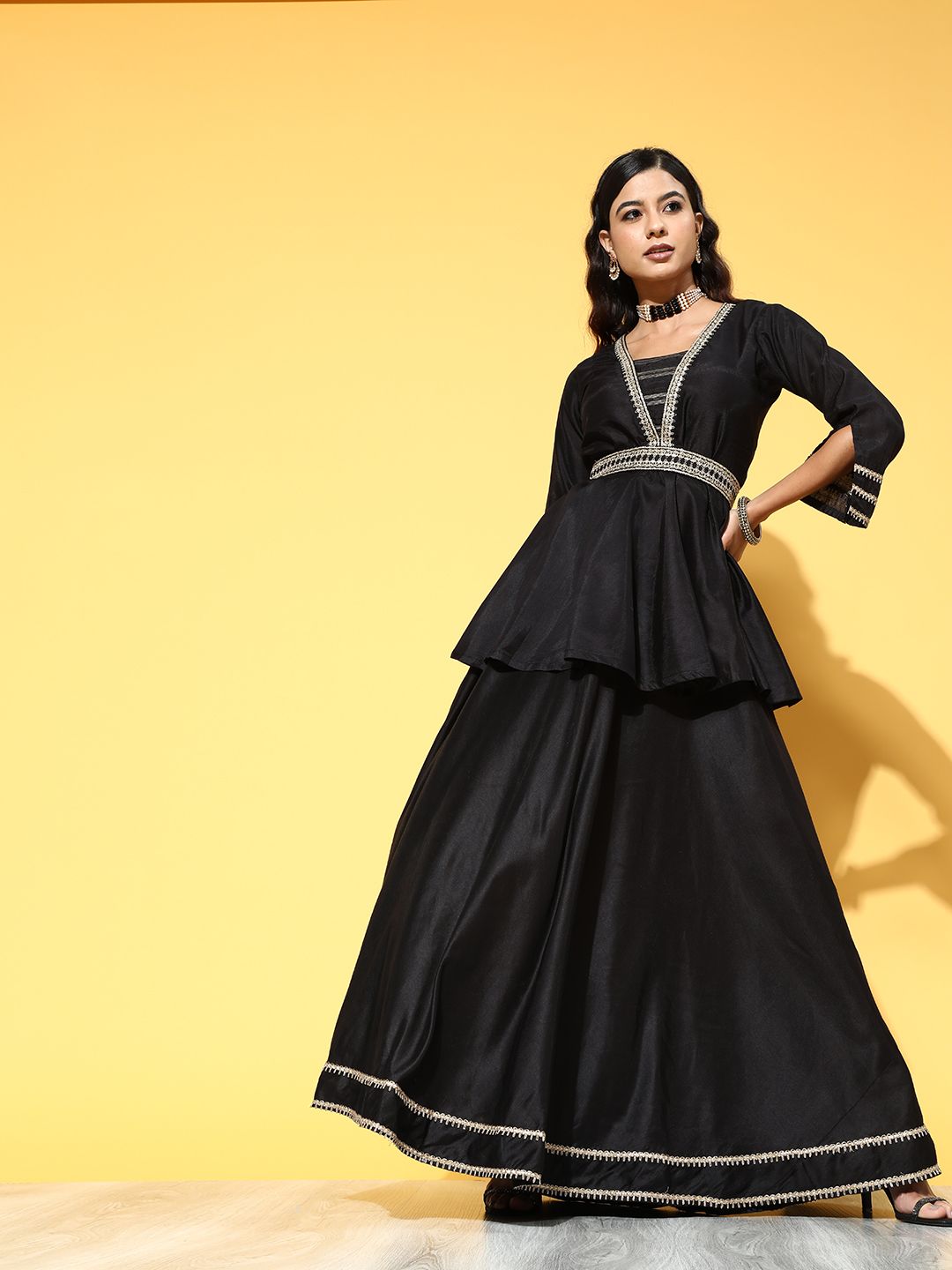 Indo Era Deep Black Solid Lehenga with Embroidered Choli
