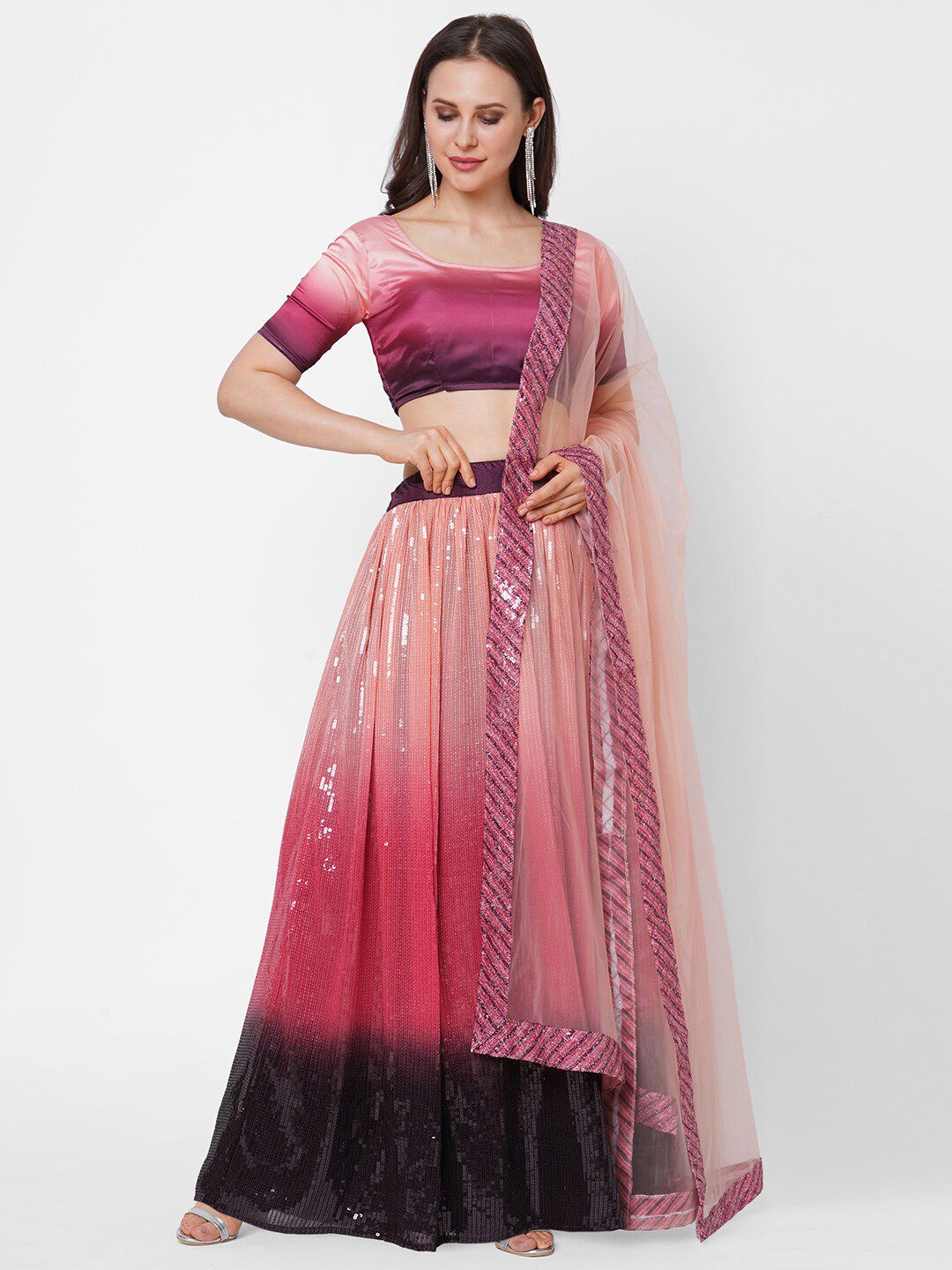 RedRound Peach-Coloured & Burgundy Sequinned Unstitched Lehenga & Blouse With Dupatta