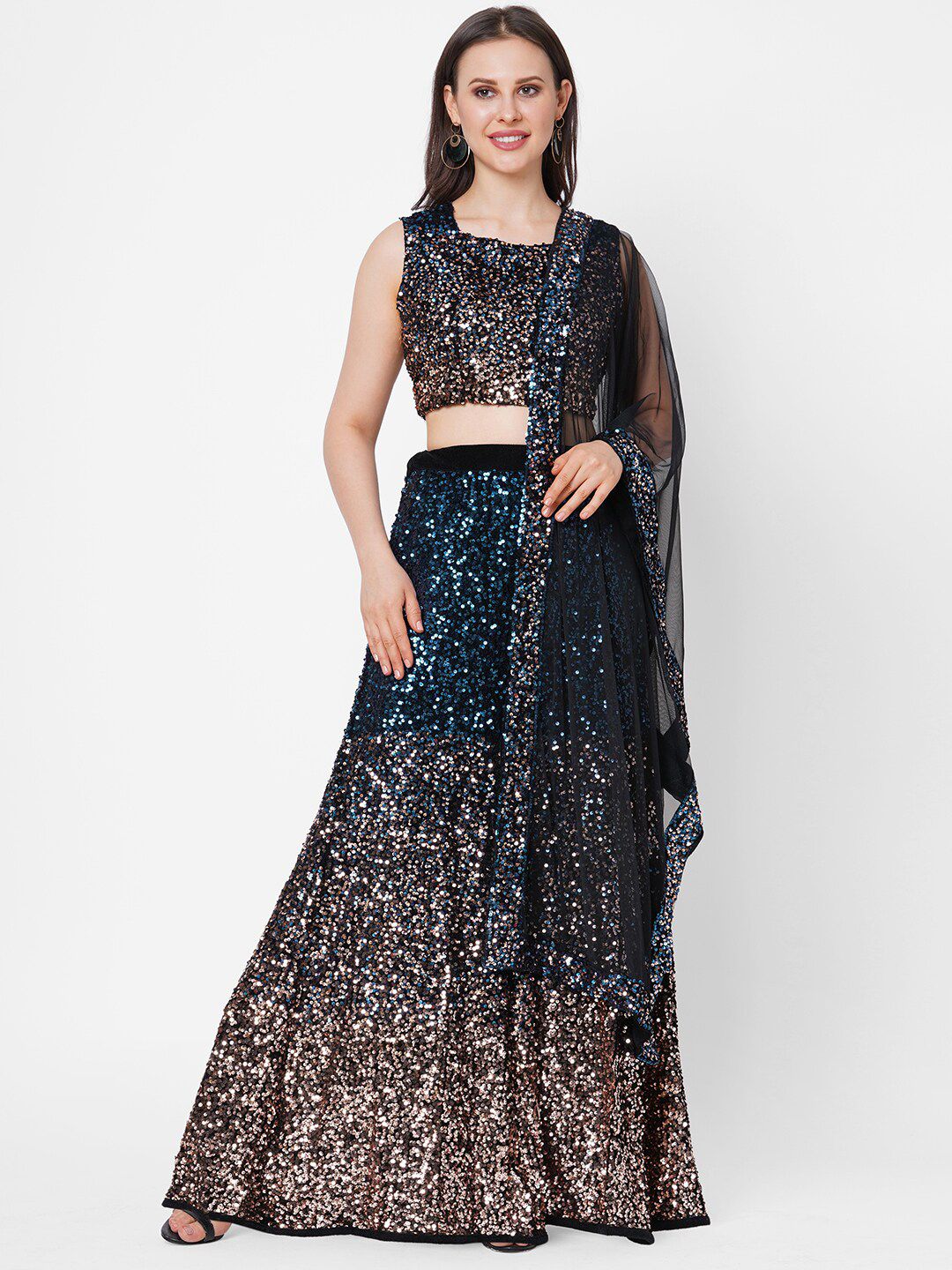 RedRound Blue & Gold-Toned Embellished Sequinned Semi-Stitched Lehenga & Unstitched Blouse With Dupatta Price in India
