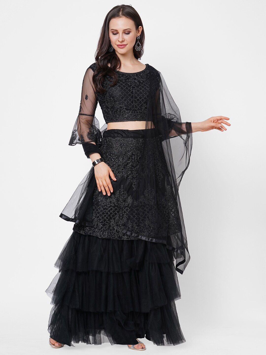 RedRound Black Embroidered Unstitched Lehenga & Blouse With Dupatta Price in India