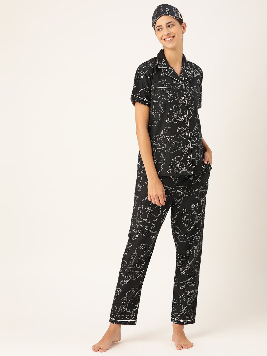 Rapra The Label Women Black & White Printed Pure Cotton Pyajamas Set with Eye Mask Price in India