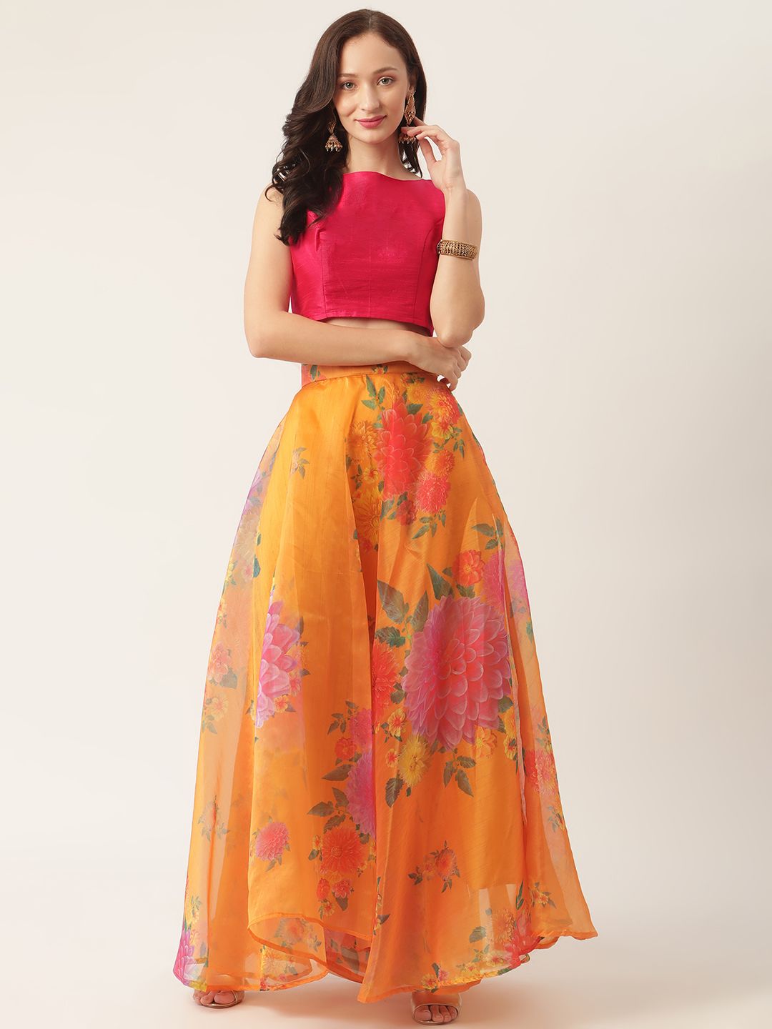 Studio Shringaar Pink & Orange Floral Print Ready to Wear Lehenga & Choli