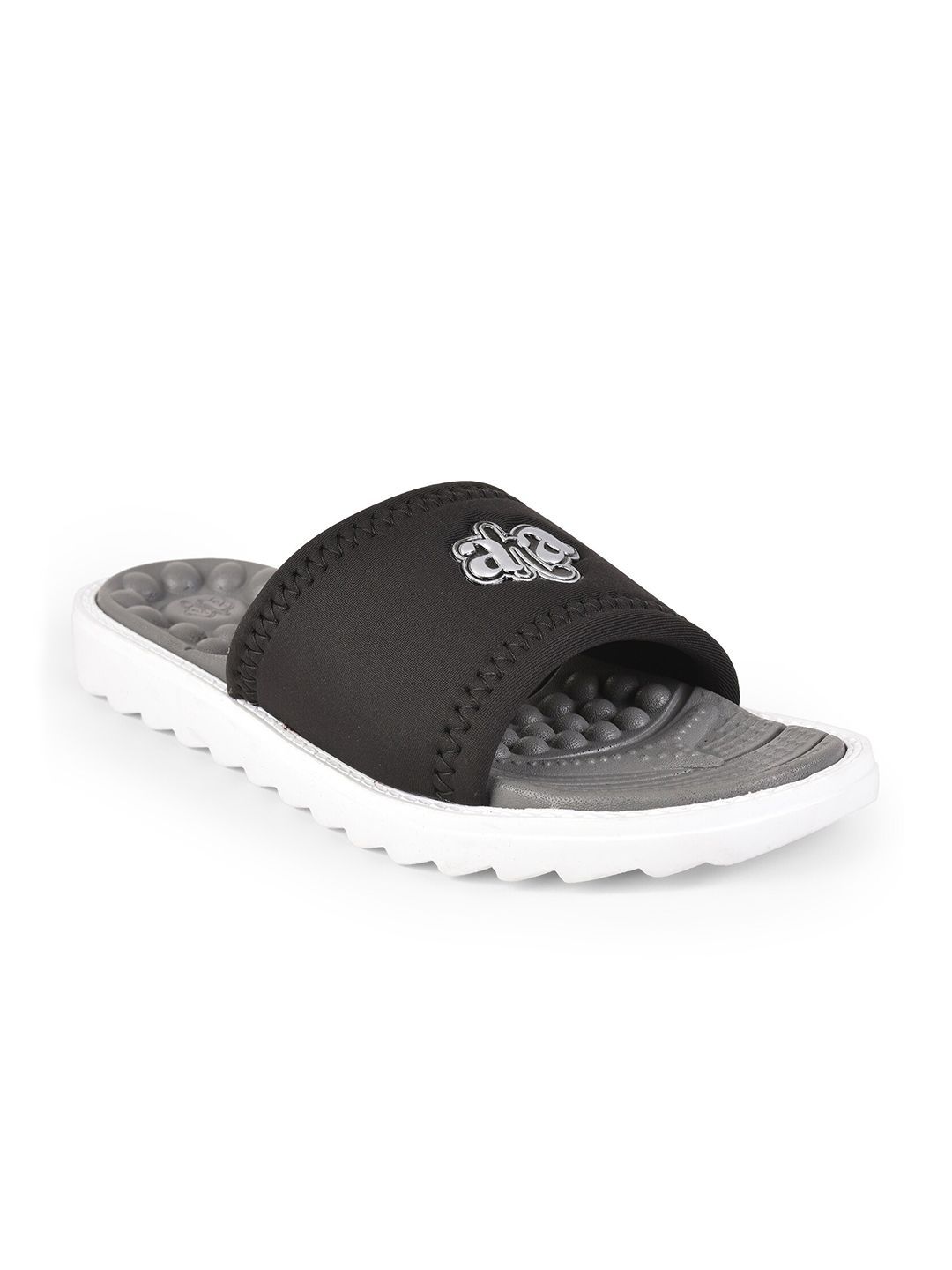 Liberty Women Black & Grey Self Design Open Toe Rubber Sliders Price in India