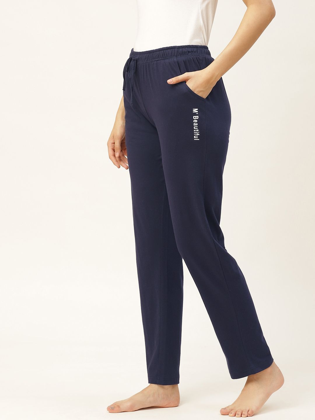 MBeautiful Women Navy Blue Solid Pure Cotton Lounge Pants Price in India