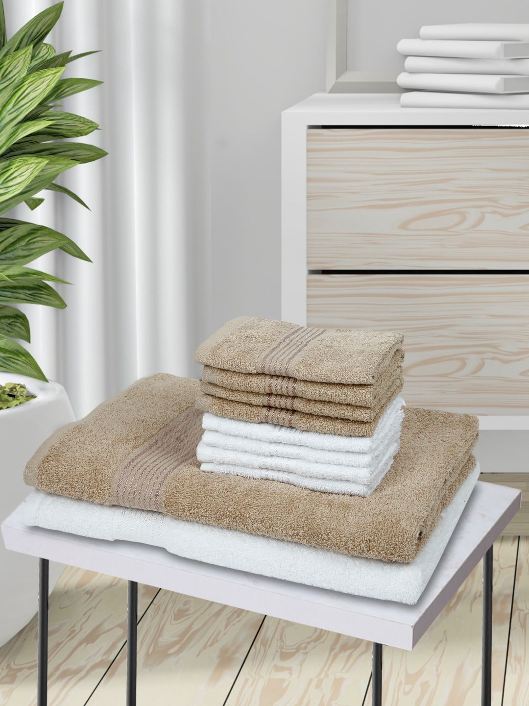 BIANCA Set Of 10 Taupe & White Solid 380 GSM Cotton Super-Soft Terry Towels Price in India
