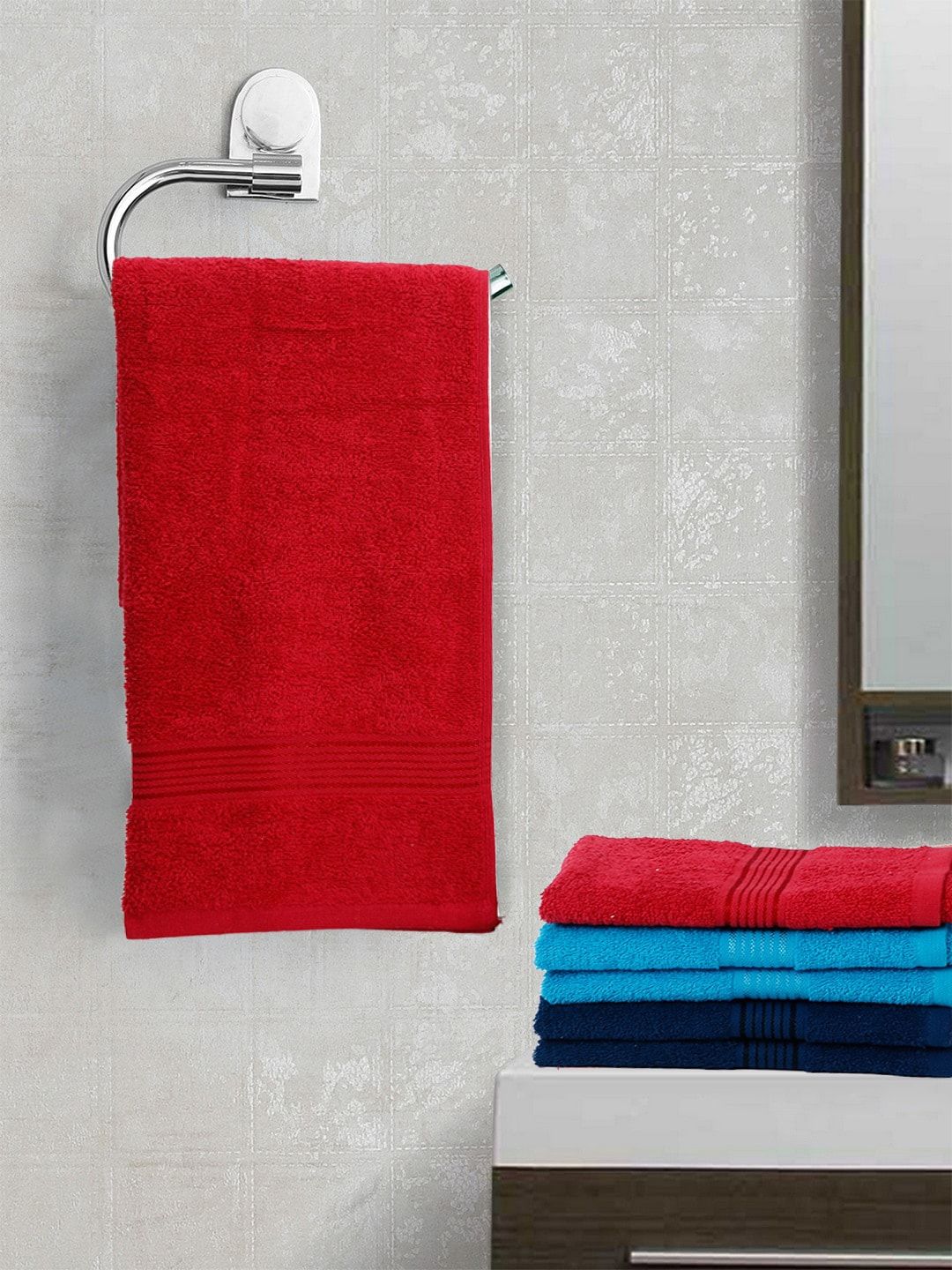 BIANCA Red & Blue Set of 6 Solid 380 GSM Cotton Hand Towels Price in India