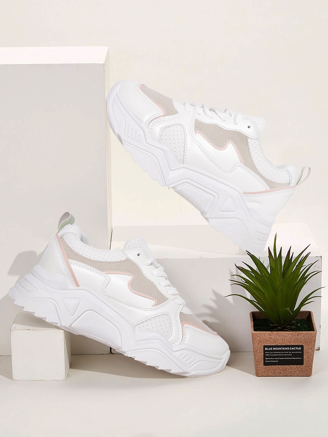 Mast & Harbour Women White & Beige Colourblocked & Perforated Sneakers Price in India
