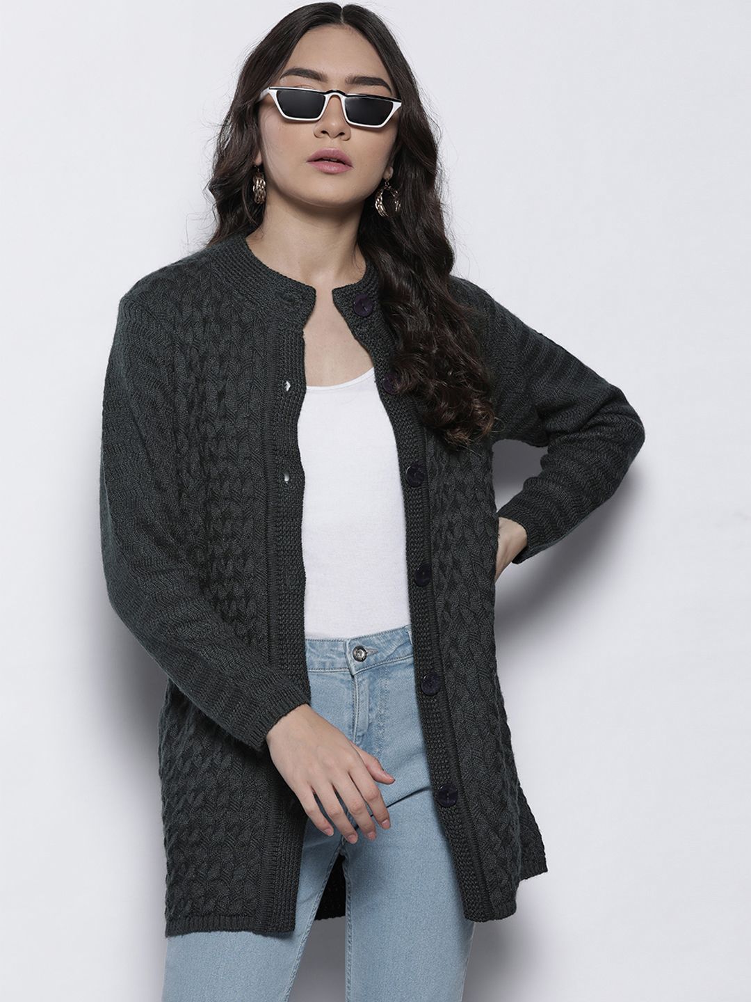 One Femme Women Charcoal Grey Cable Knit Longline Cardigan Price in India