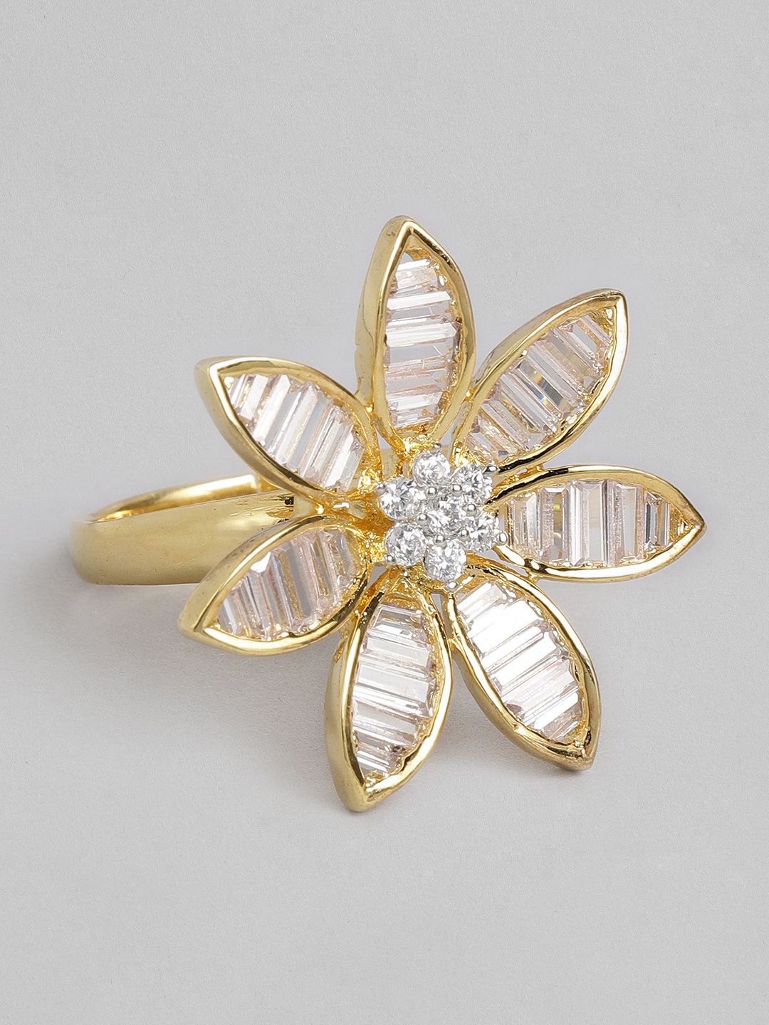 Laida Gold-Plated Handcrafted American Diamond Studded Floral Ring Price in India