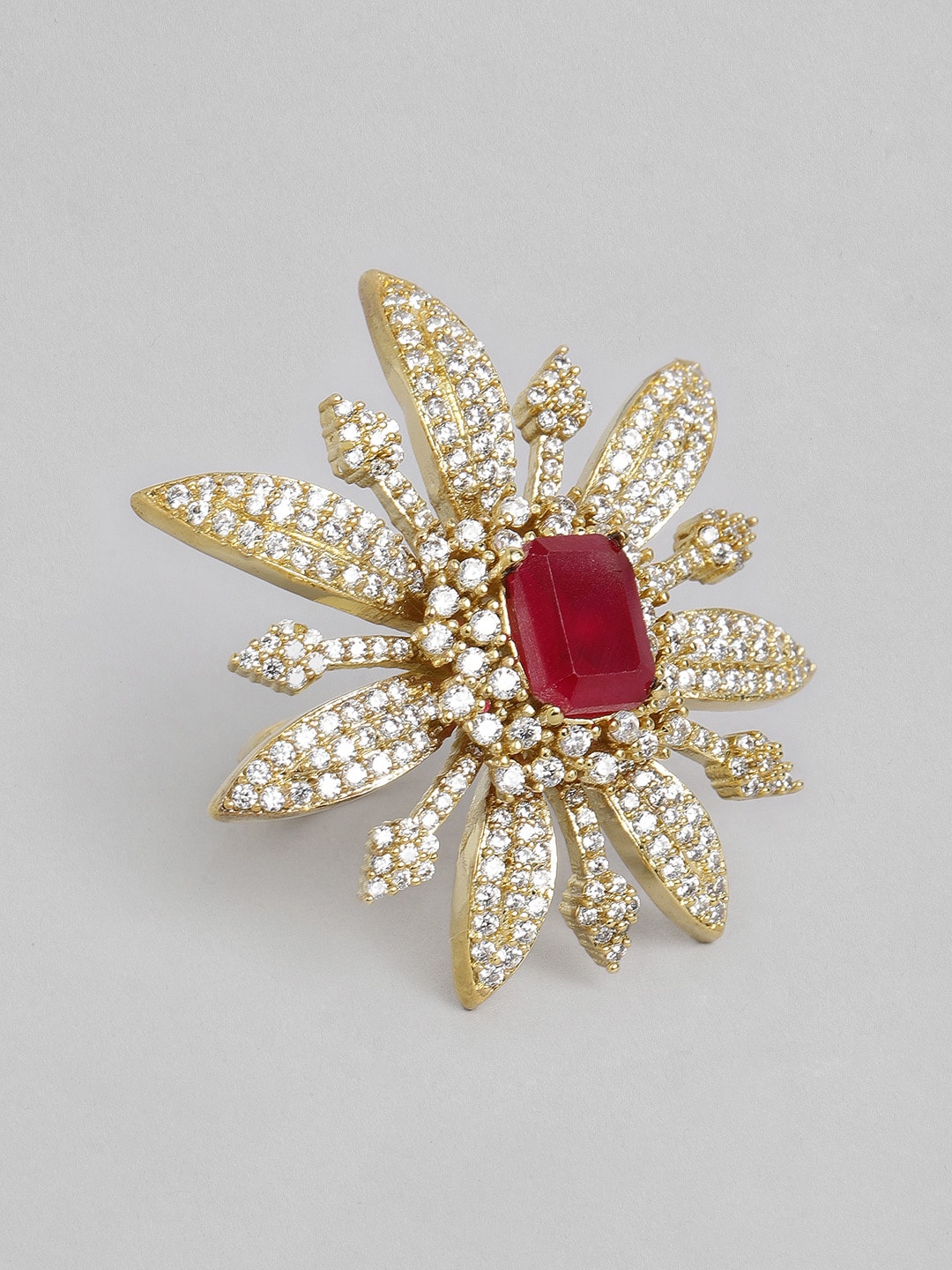 Laida Gold-Plated & Maroon Handcrafted American Diamond Studded Floral Ring Price in India