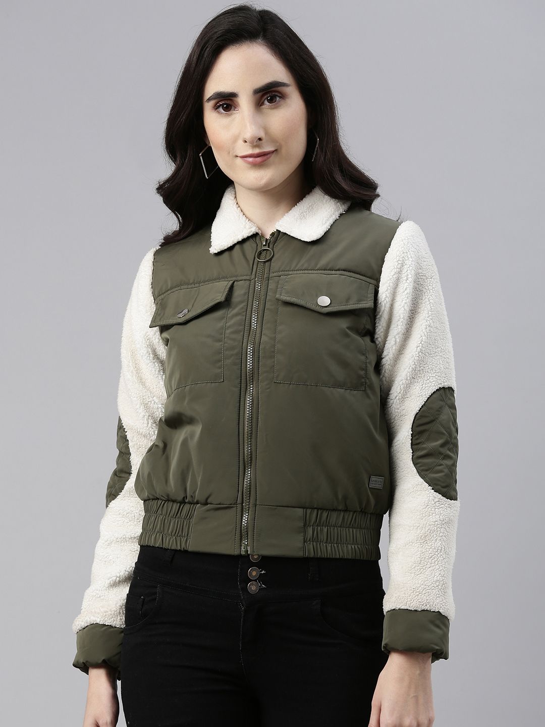 Campus Sutra Women Olive Green and Off-White Colourblocked Bomber Jacket Price in India