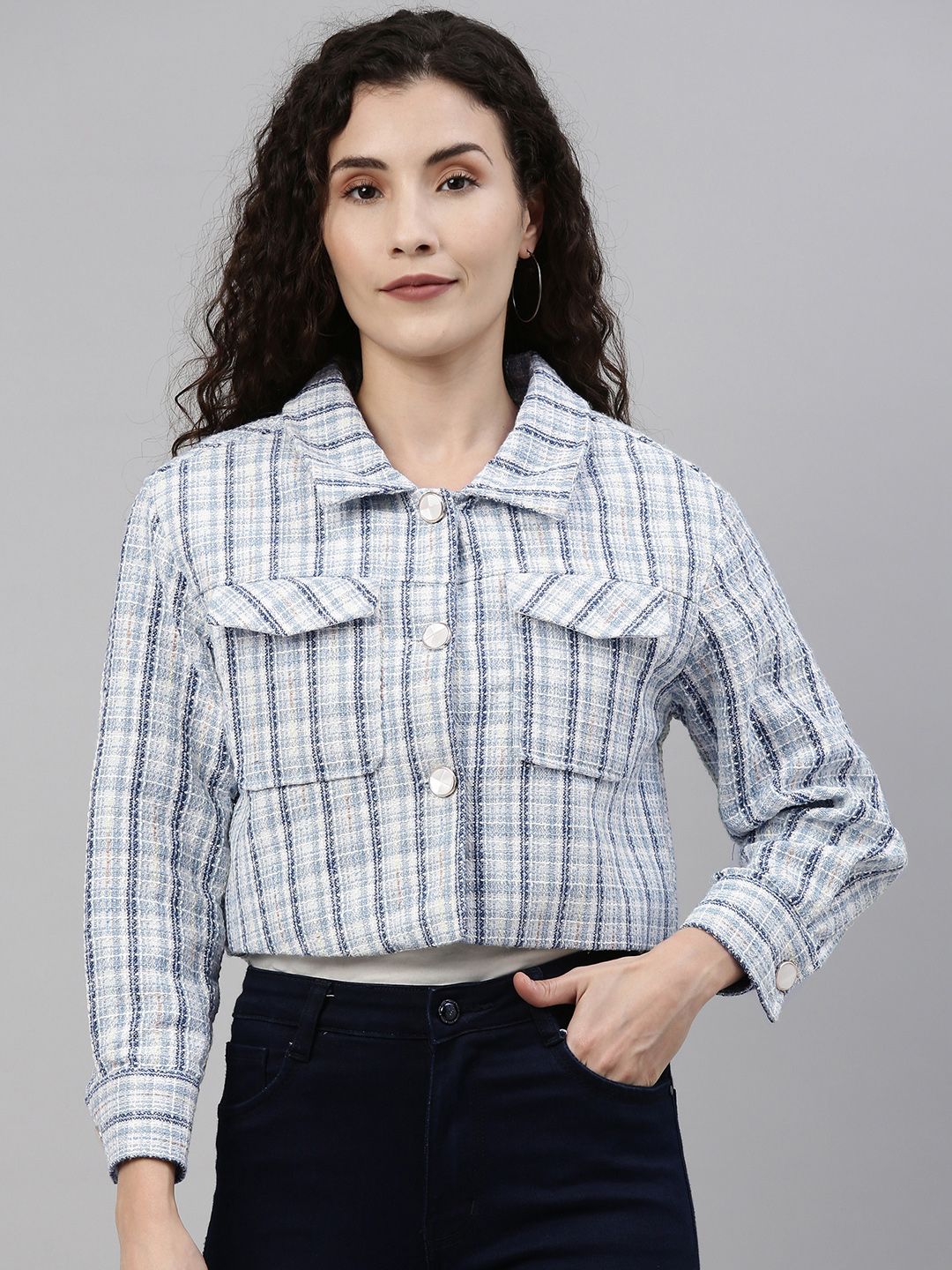 Campus Sutra Women Blue & White Comfort Fit Checked Single-Breasted Cropped Casual Blazer Price in India