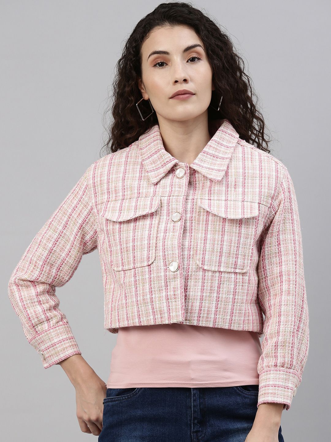 Campus Sutra Women Pink & White Comfort Fit Checked Single-Breasted Cropped Casual Blazer Price in India