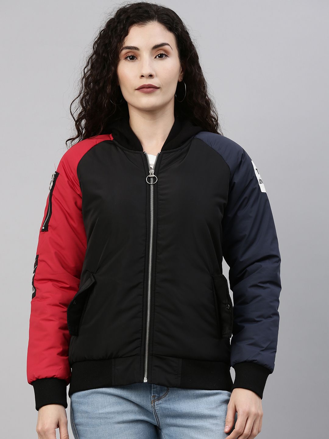 Campus Sutra Women Black & Red Colourblocked Windcheater Outdoor Bomber Jacket Price in India